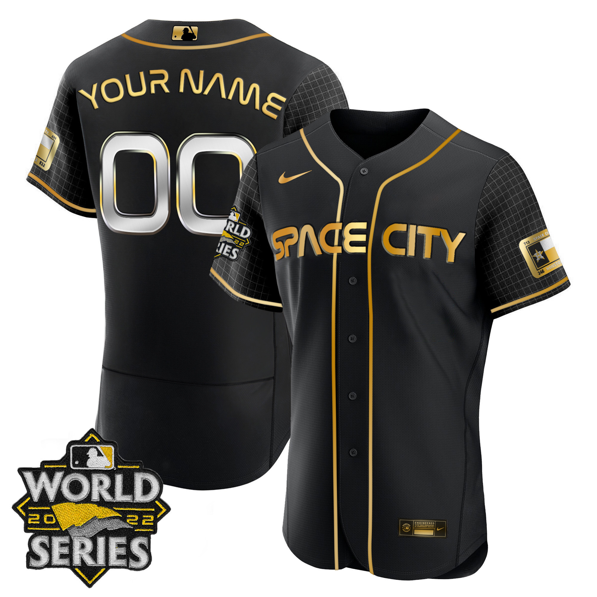 Houston Astros 2022 World Series Custom Name And Number Flex Space City Black Gold Jersey - All Stitched