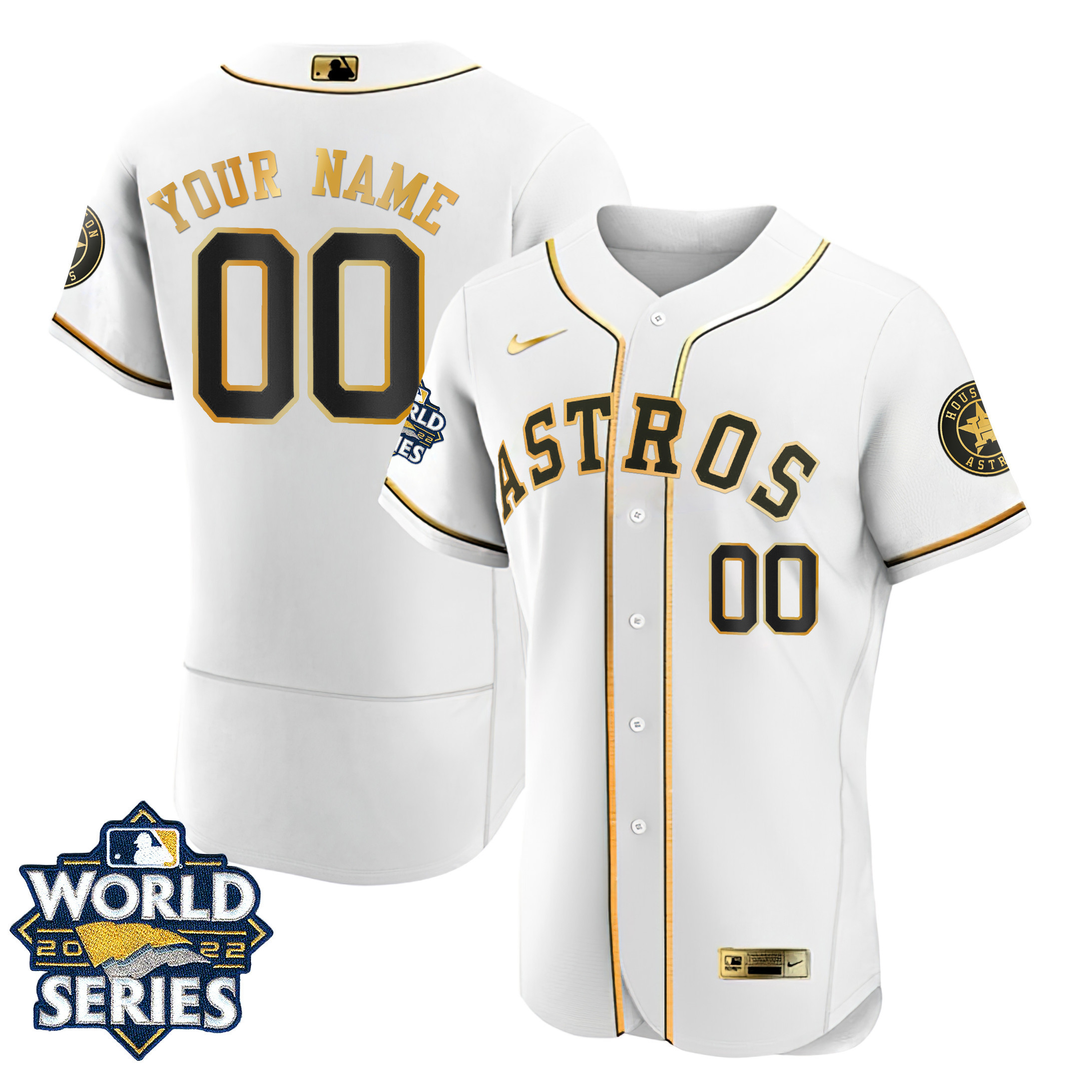 Houston Astros 2022 World Series Custom Name And Number Flex White Gold Jersey - All Stitched