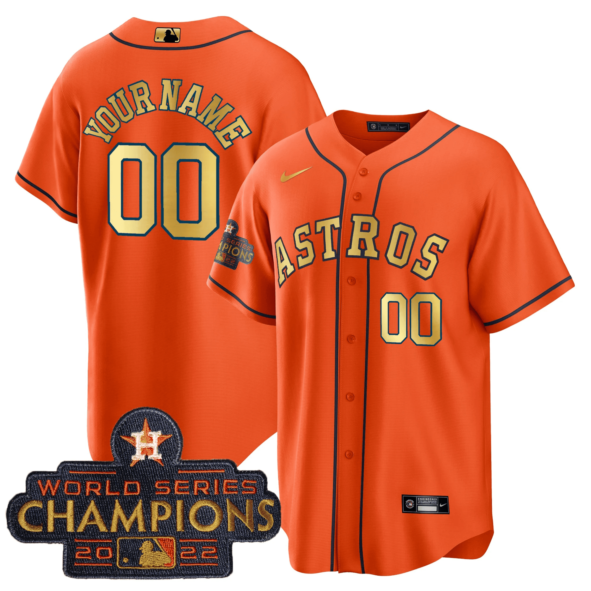 Houston Astros 2023 Champions Orange Gold Custom Cool Base Jersey - All Stitched