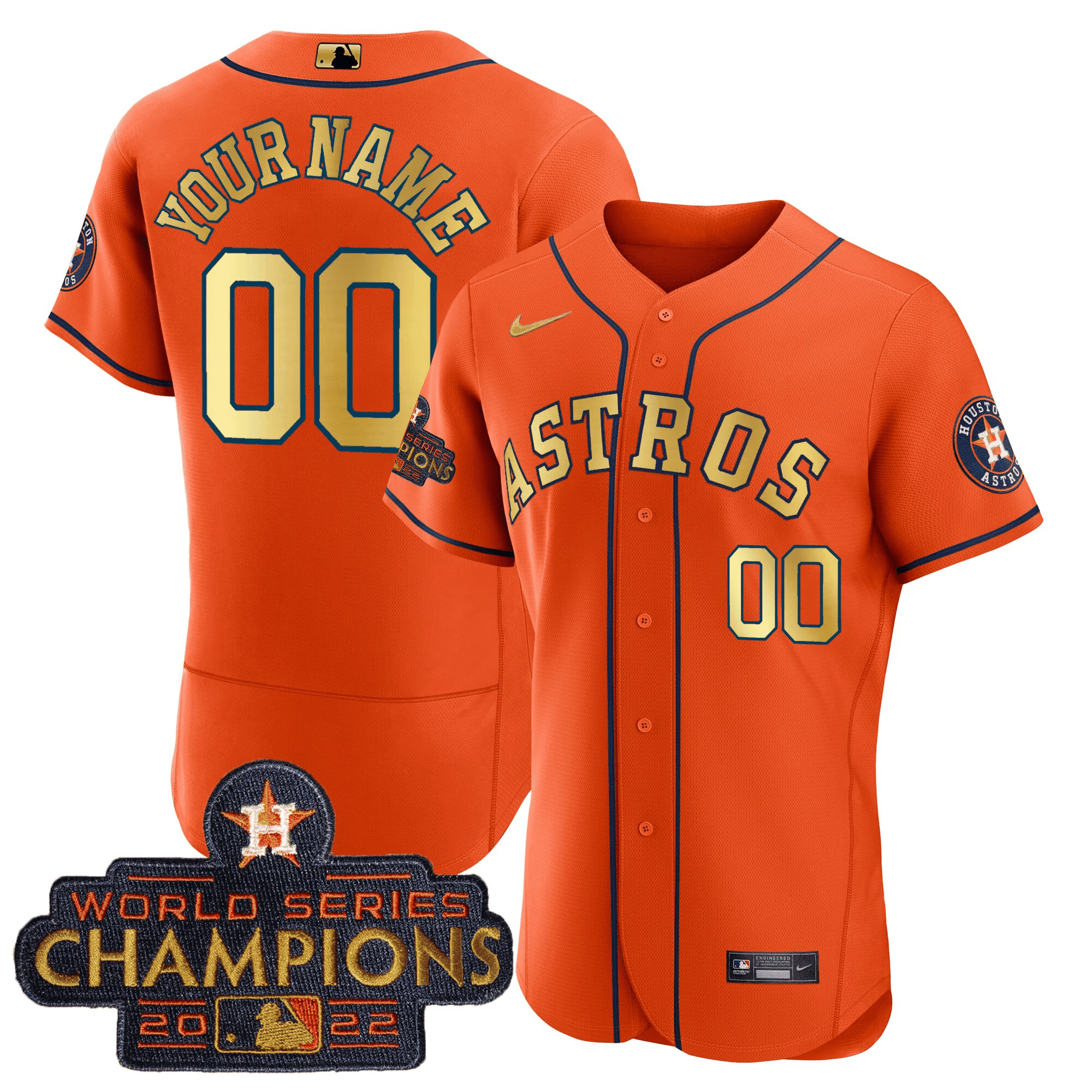 Houston Astros 2023 Champions Orange Gold Custom Flex Base Jersey - All Stitched