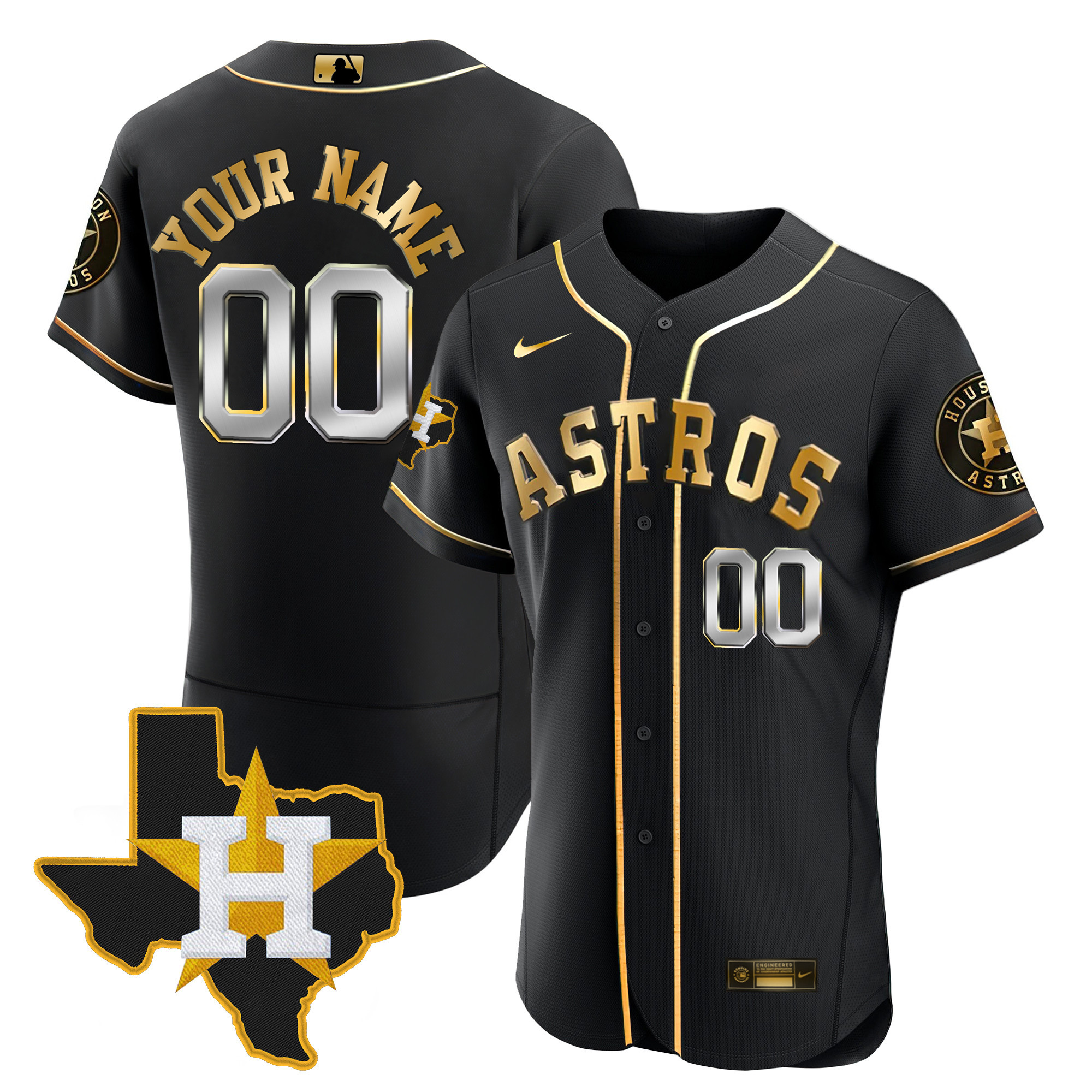 Houston Astros 2024 Gold Custom - Texas Patch Flex Black Jersey - All Stitched