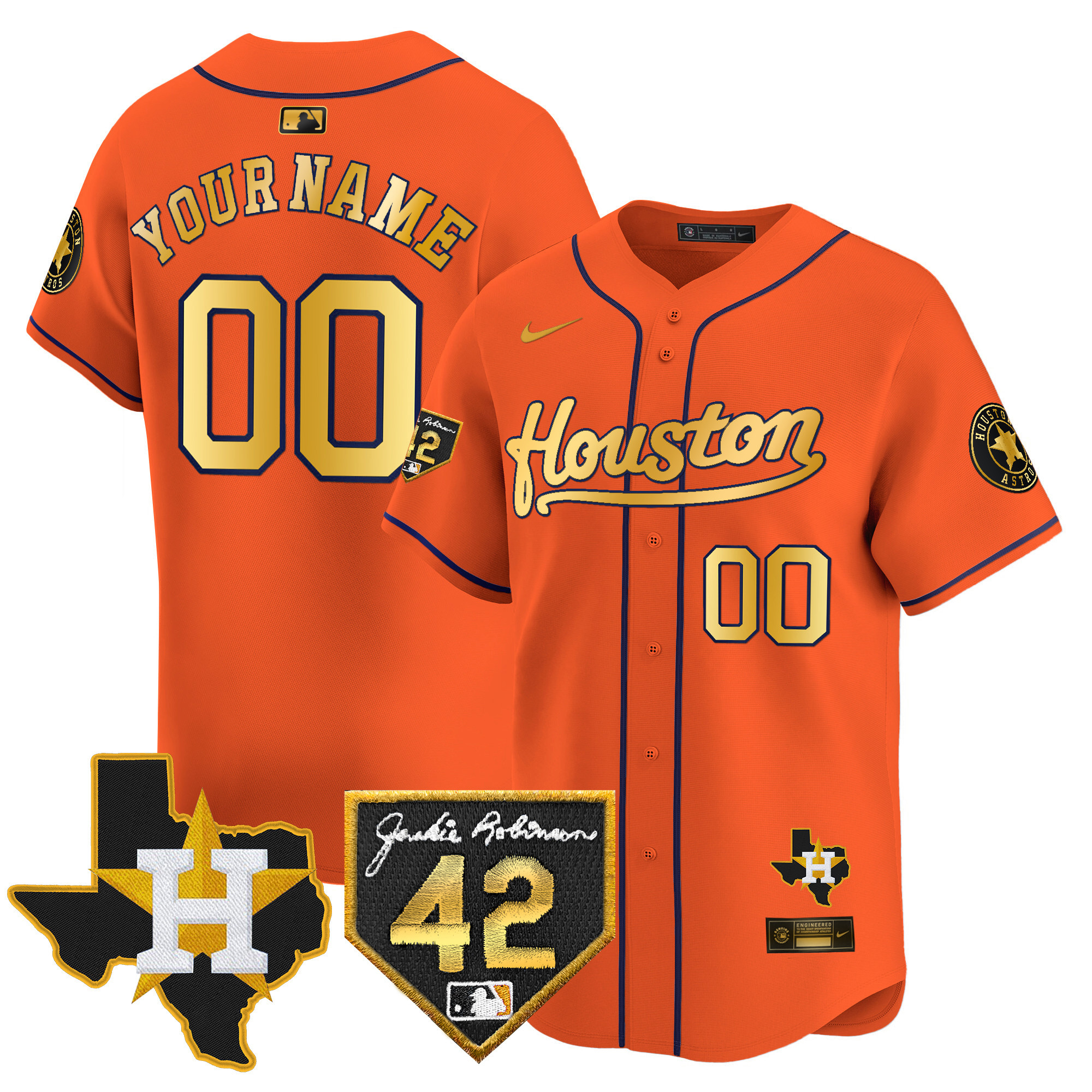 Houston Astros 2024 Jackie Robinson Patch Vapor Premier Limited Custom Orange Gold Jersey - All Stitched