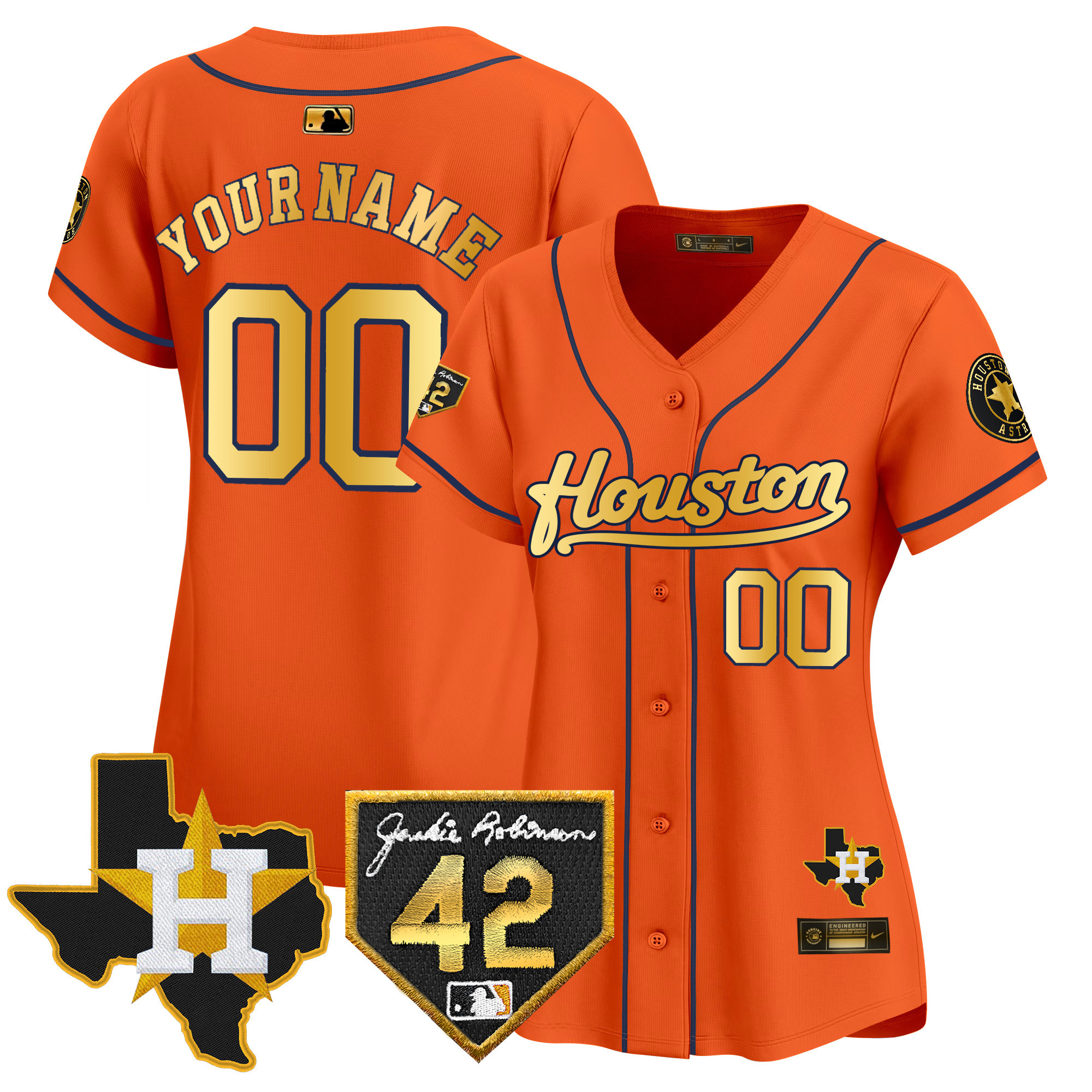 Houston Astros 2024 Jackie Robinson Patch Vapor Premier Limited Custom Orange Gold Jersey - All Stitched