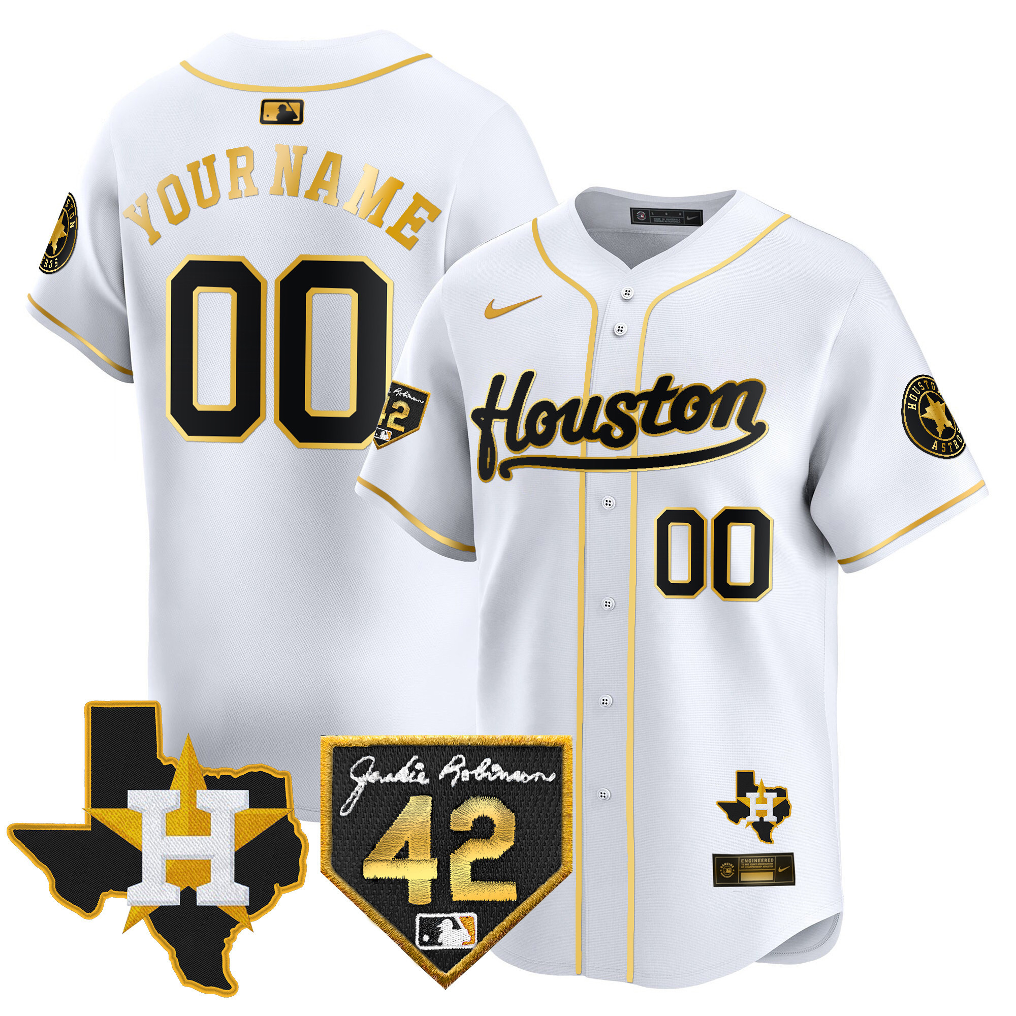 Houston Astros 2024 Jackie Robinson Patch Vapor Premier Limited Custom White Gold Jersey - All Stitched