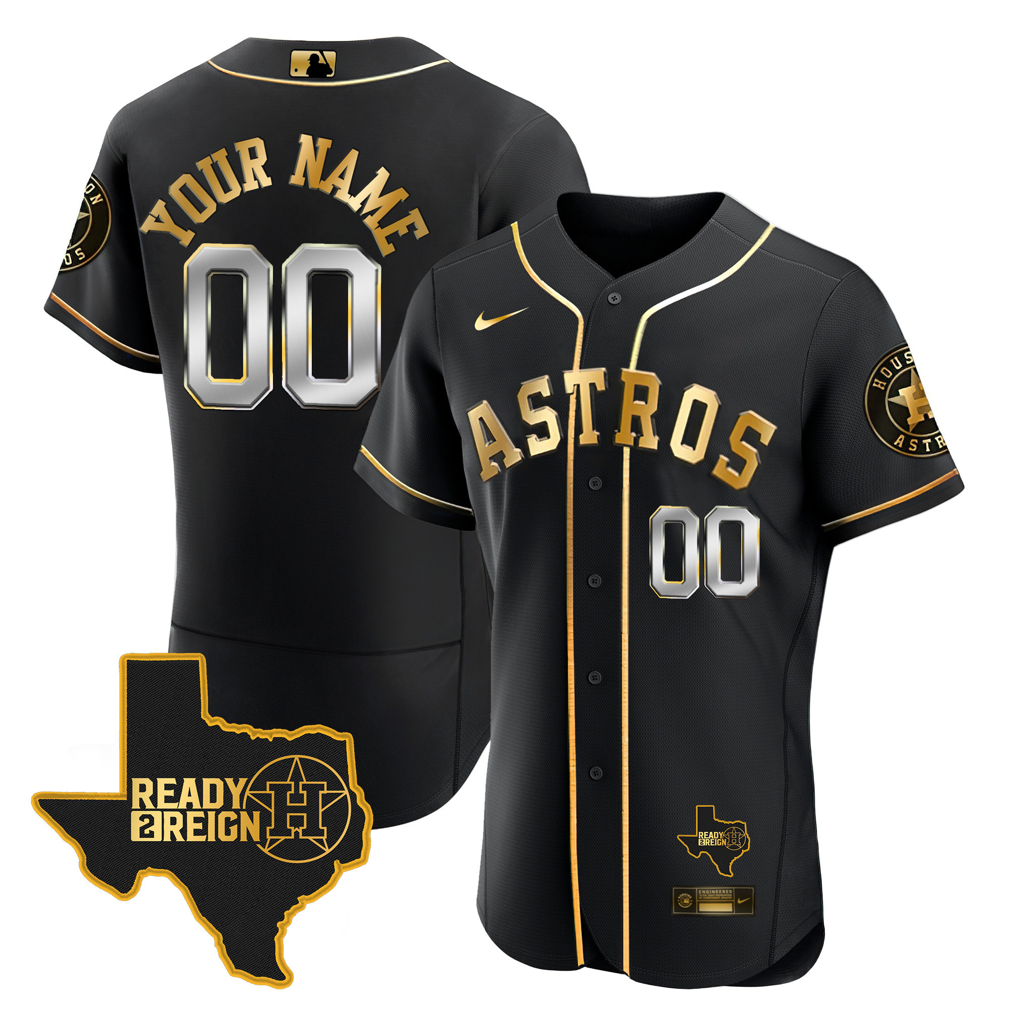 Houston Astros 2024 Ready 2 Reign Flex Base Custom Black Gold Jersey - All Stitched