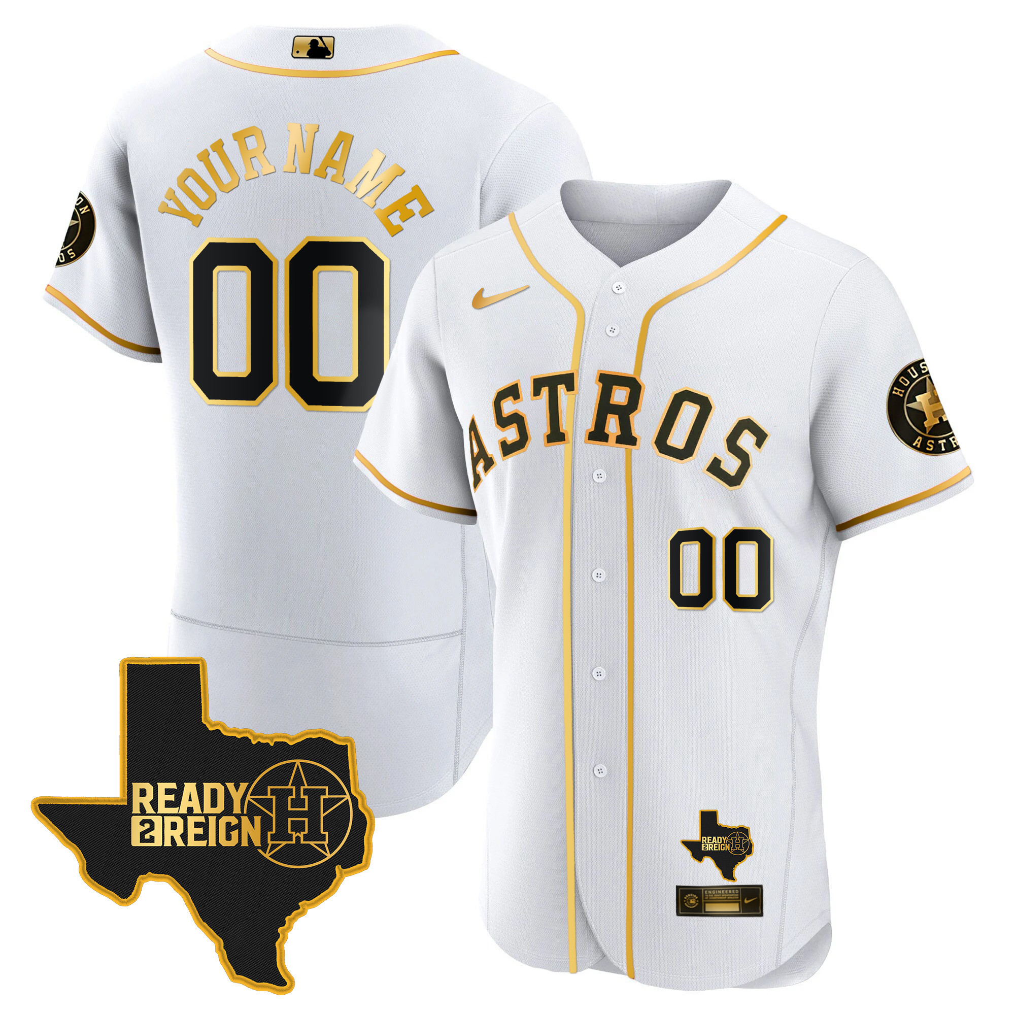 Houston Astros 2024 Ready 2 Reign Flex Base Custom White Gold Jersey - All Stitched