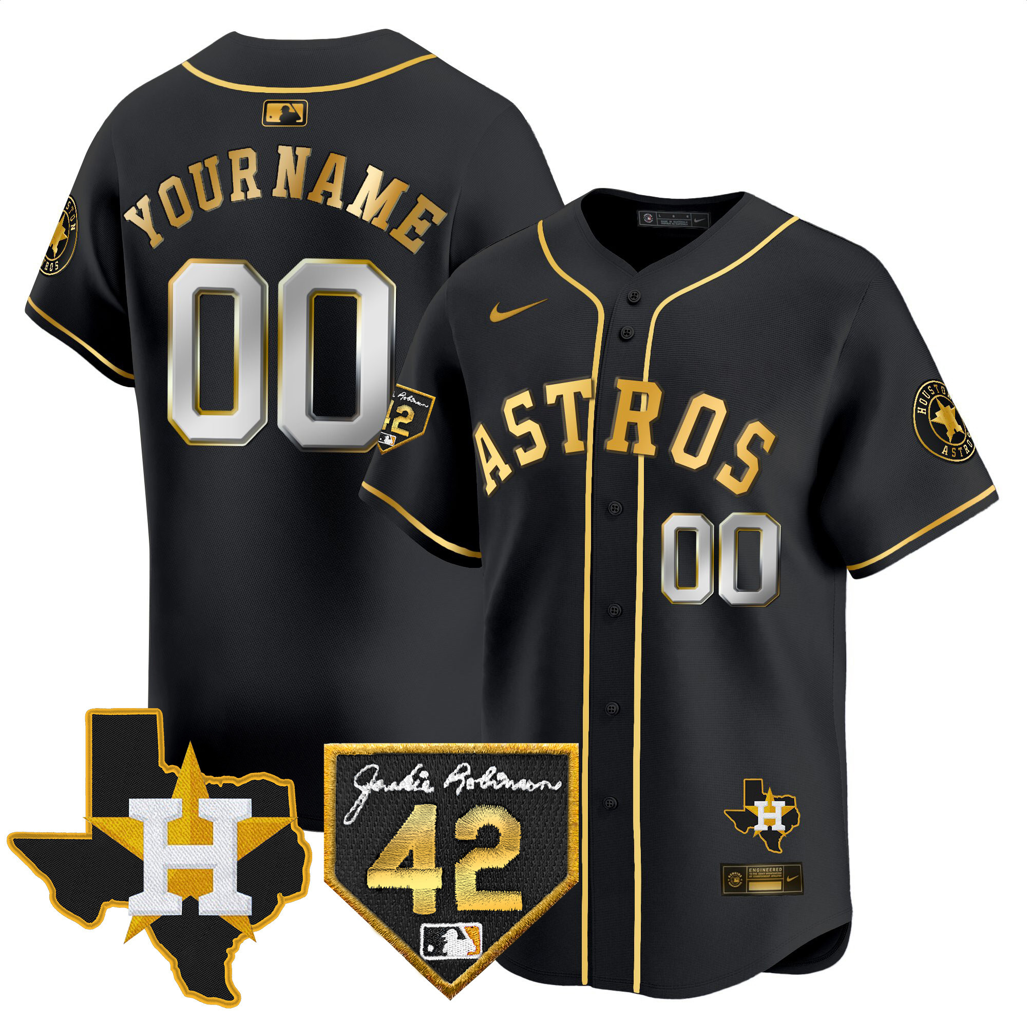 Houston Astros 2024 Robinson & Texas Patch Vapor Premier Limited Custom Black Gold Jersey - All Stitched