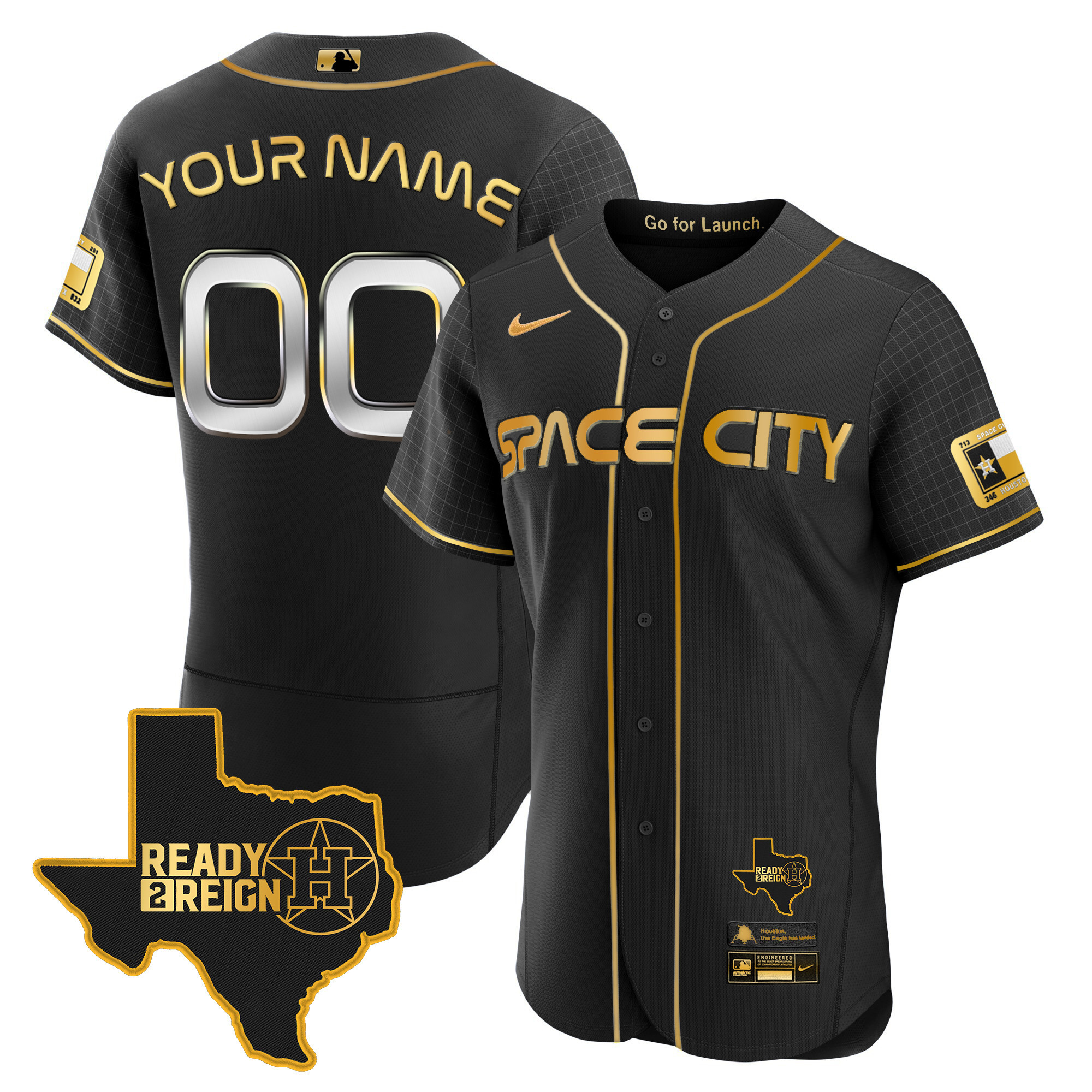 Houston Astros 2024 Space City Ready 2 Reign Flex Base Custom Black Gold Jersey - All Stitched