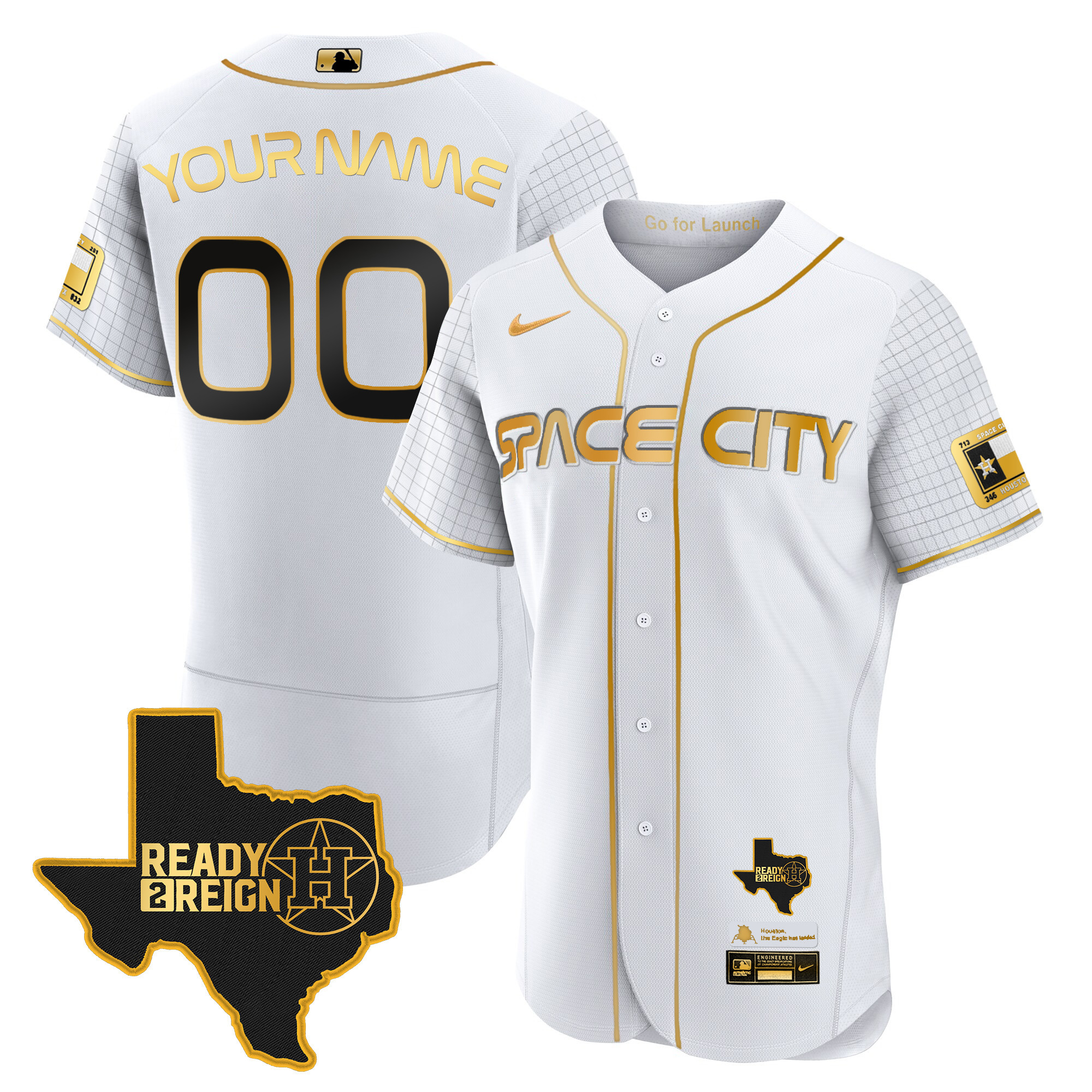 Houston Astros 2024 Space City Ready 2 Reign Flex Base Custom White Gold Jersey - All Stitched