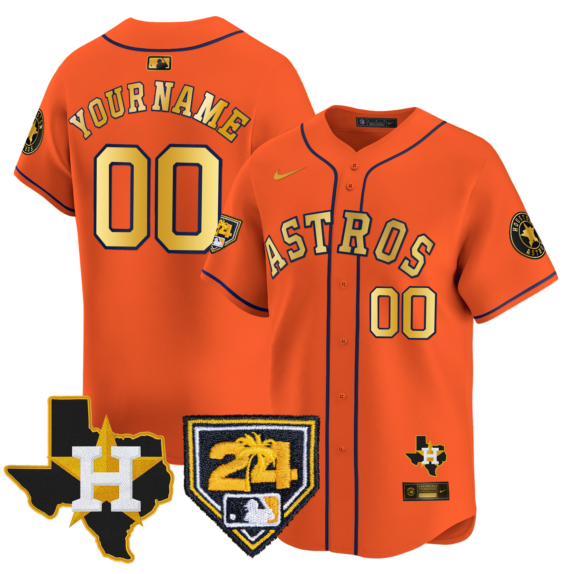 Houston Astros 2024 Spring Training & Texas Patch Vapor Premier Limited Custom Orange Gold Jersey - All Stitched