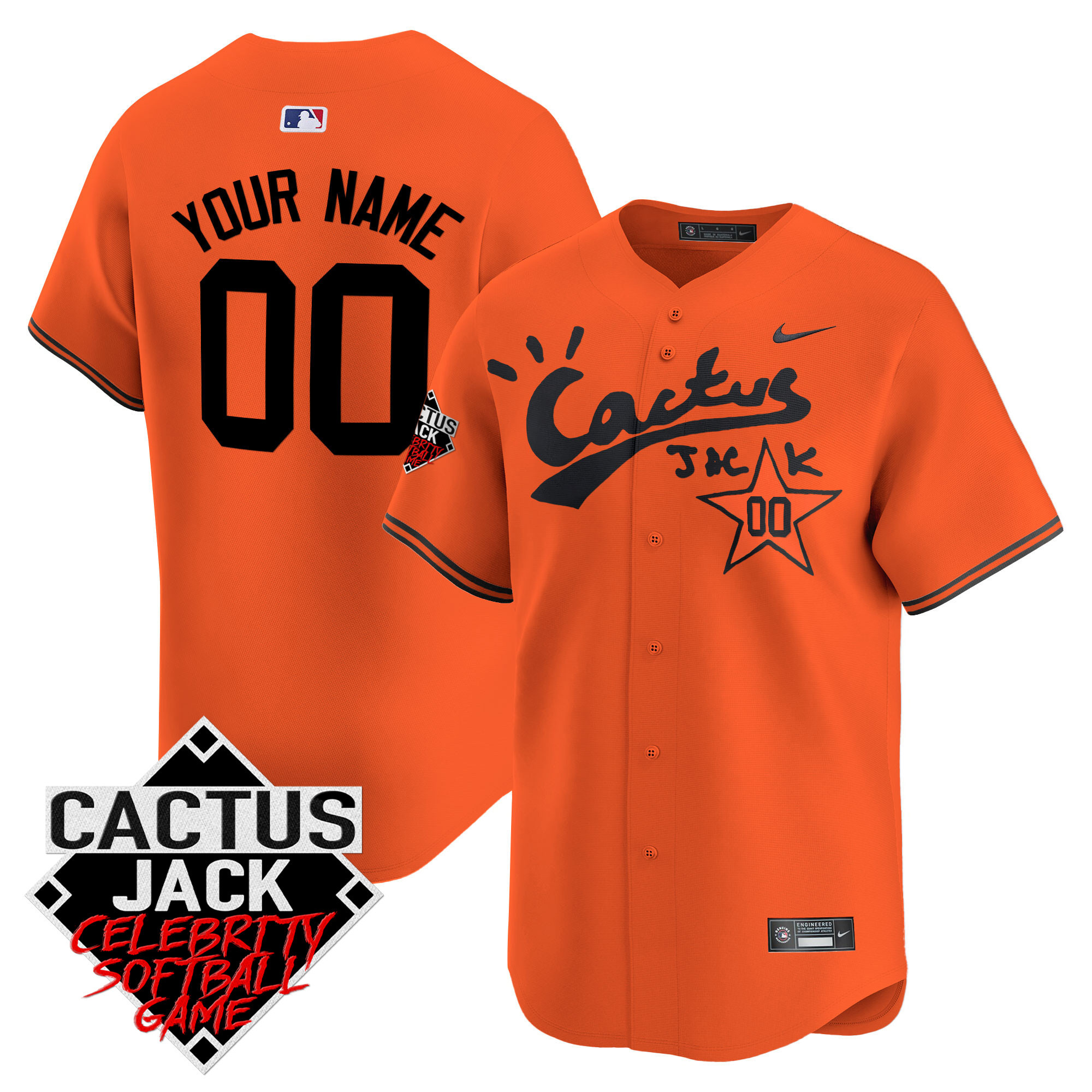 Houston Astros Cactus Jack Celebrity Softball Game Patch Vapor Premier Limited Custom V2 Orange Jersey - All Stitched