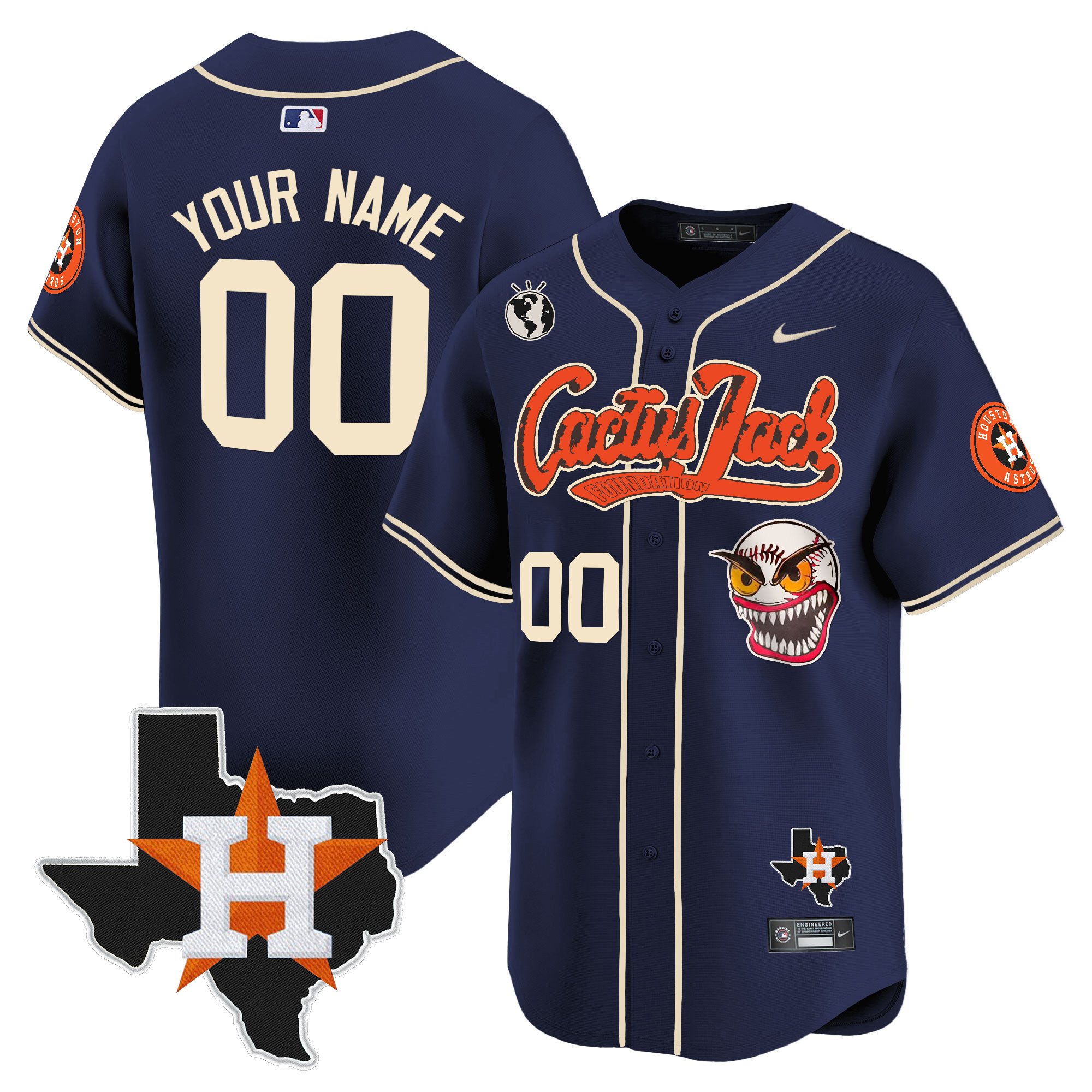 Houston Astros Cactus Jack Patch Vapor Premier Limited Custom V6 Navy Jersey - All Stitched