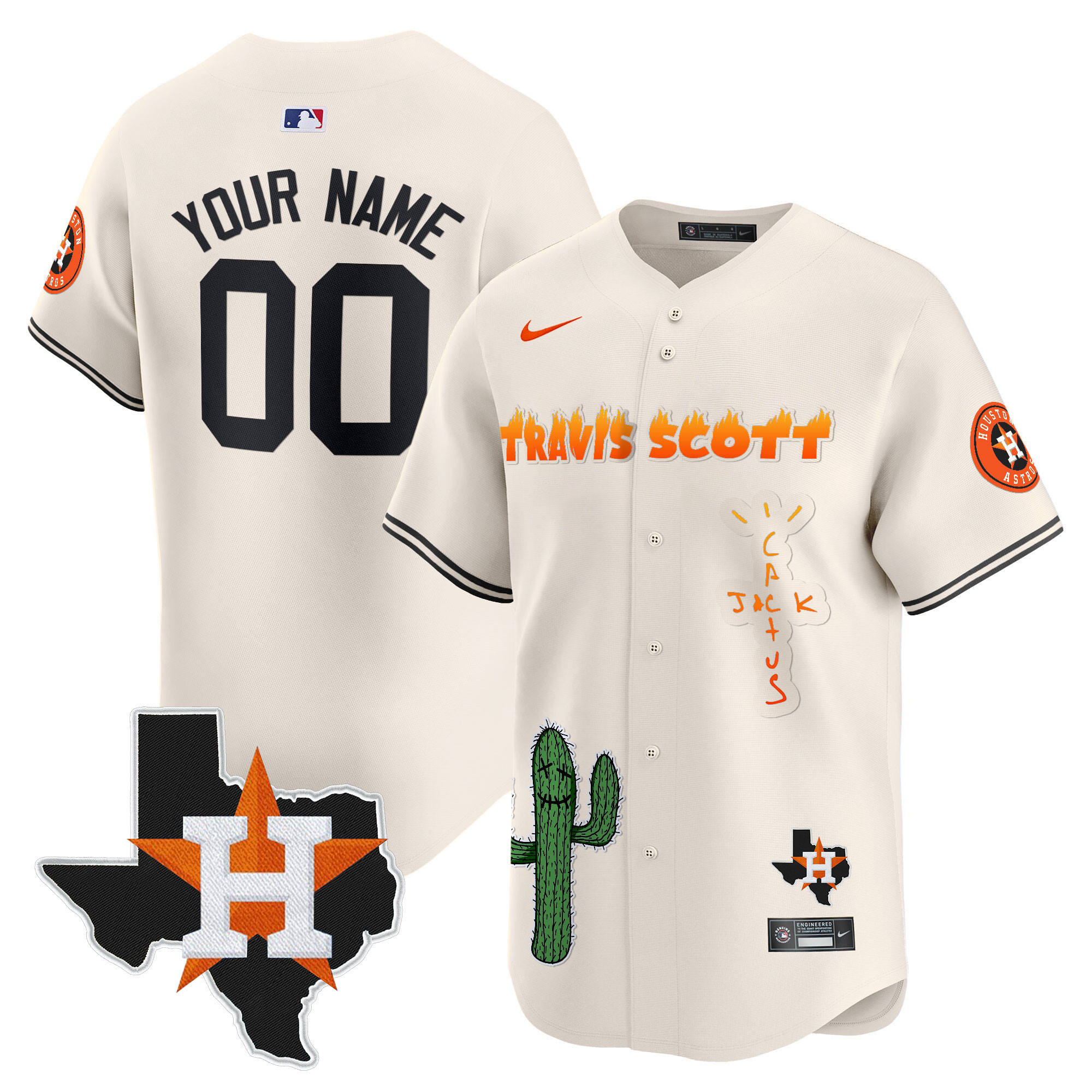Houston Astros Cactus Jack Patch Vapor Premier Limited Custom V9 Cream Jersey - All Stitched