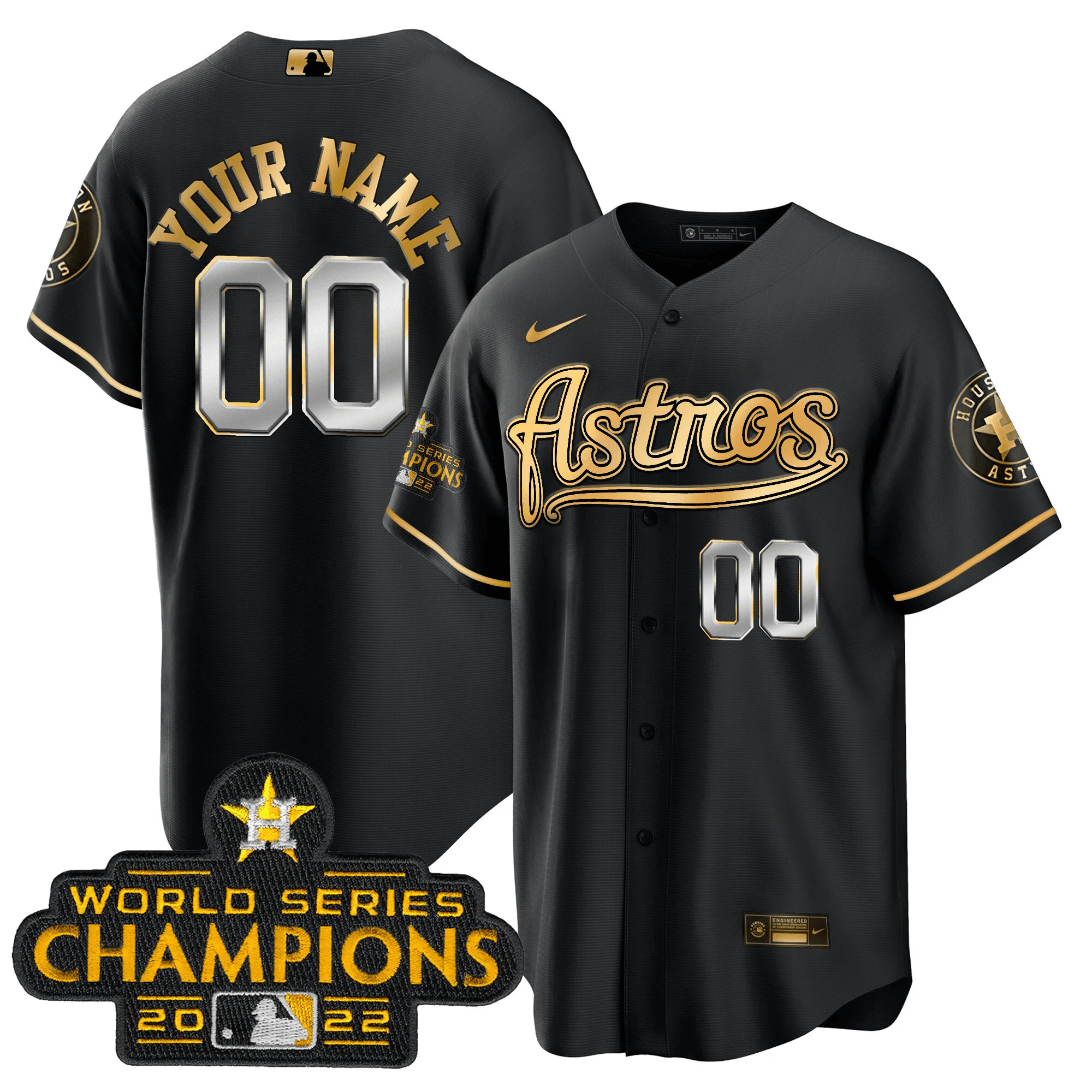 Houston Astros Champions & Throwback Patch Gold Custom V2 Cool Black Jersey - All Stitched