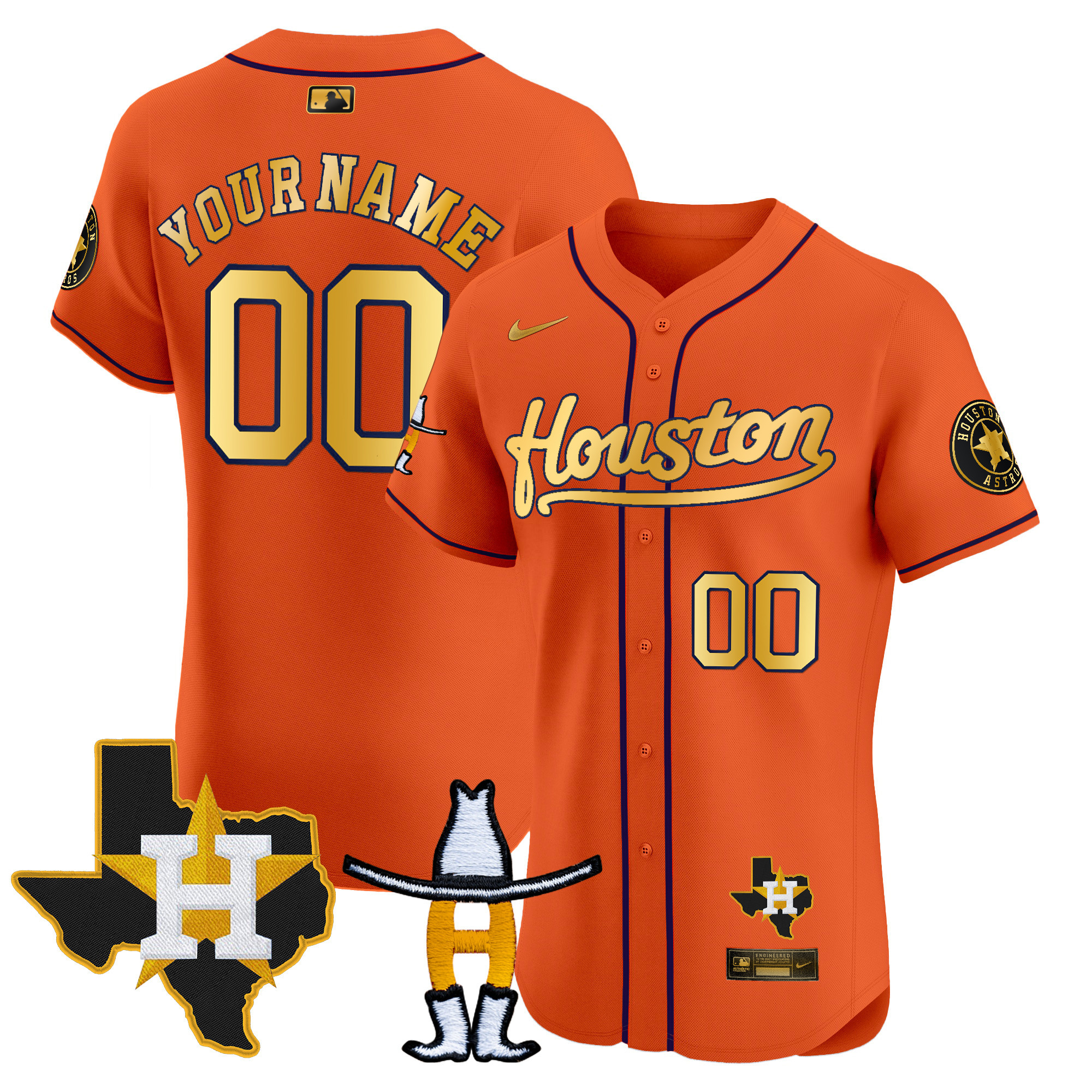 Houston Astros Houston Rodeo Patch Vapor Premier Elite Custom Orange Gold Jersey - All Stitched