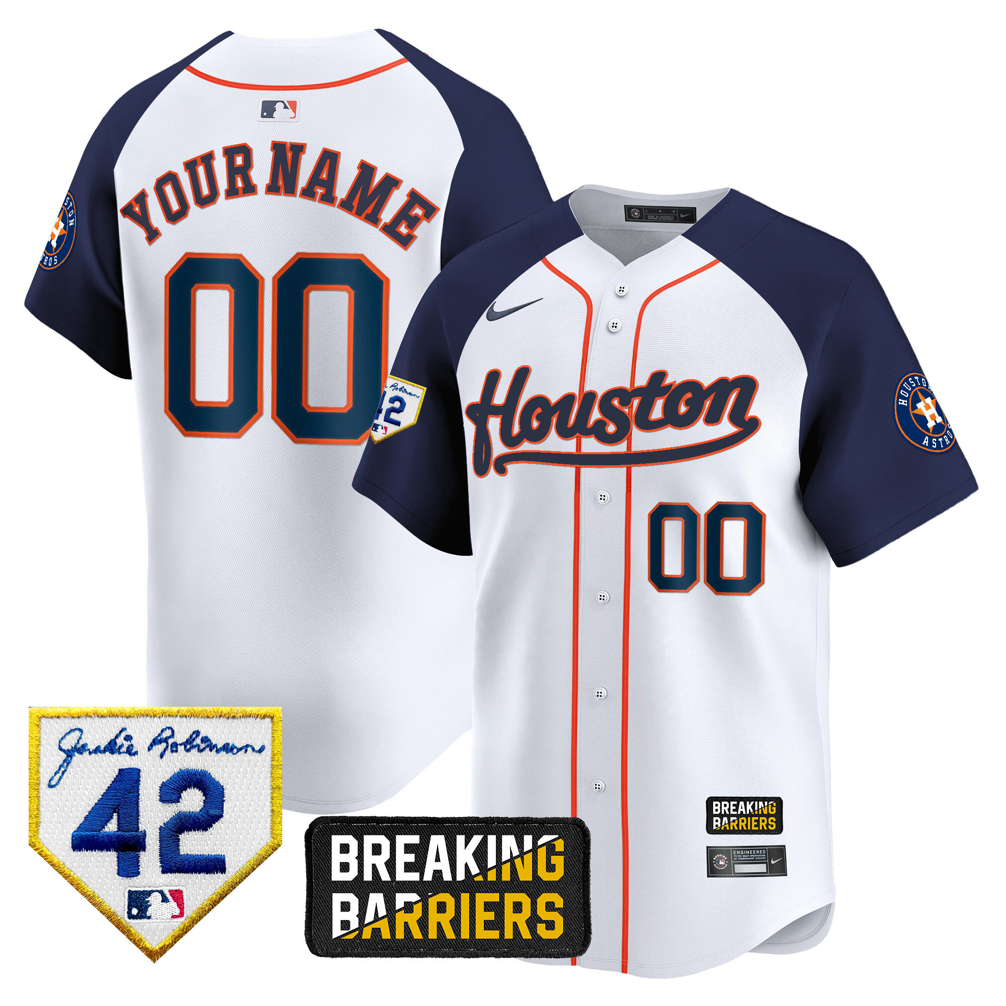 Houston Astros Jackie Robinson Breaking Barriers Patch Vapor Premier Limited Custom Alternate Jersey - All Stitched
