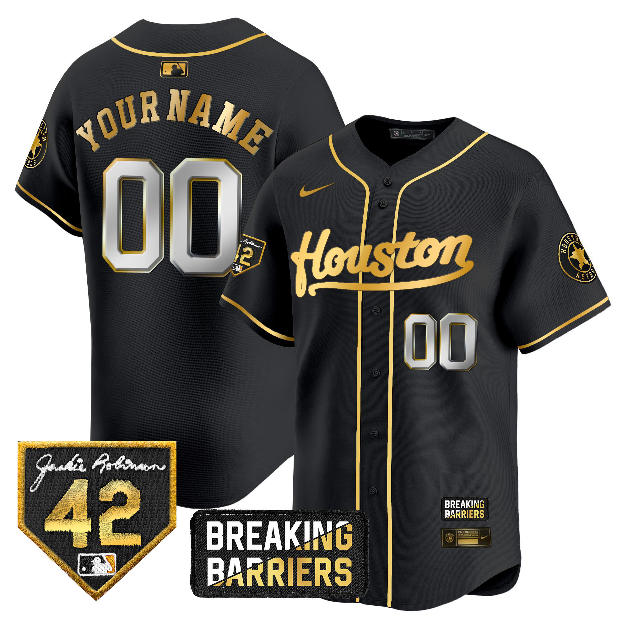 Houston Astros Jackie Robinson Breaking Barriers Patch Vapor Premier Limited Custom Black Gold Jersey - All Stitched