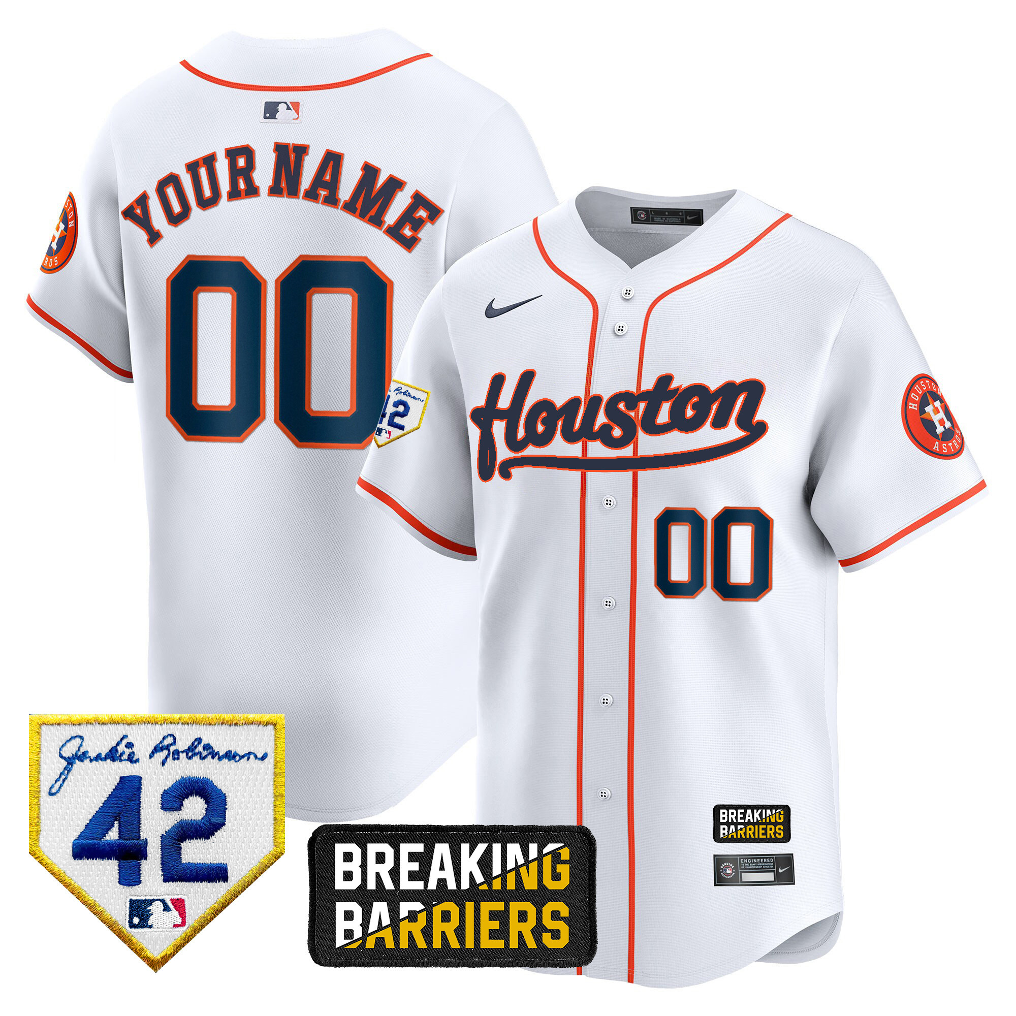 Houston Astros Jackie Robinson Breaking Barriers Patch Vapor Premier Limited Custom Home Jersey - All Stitched
