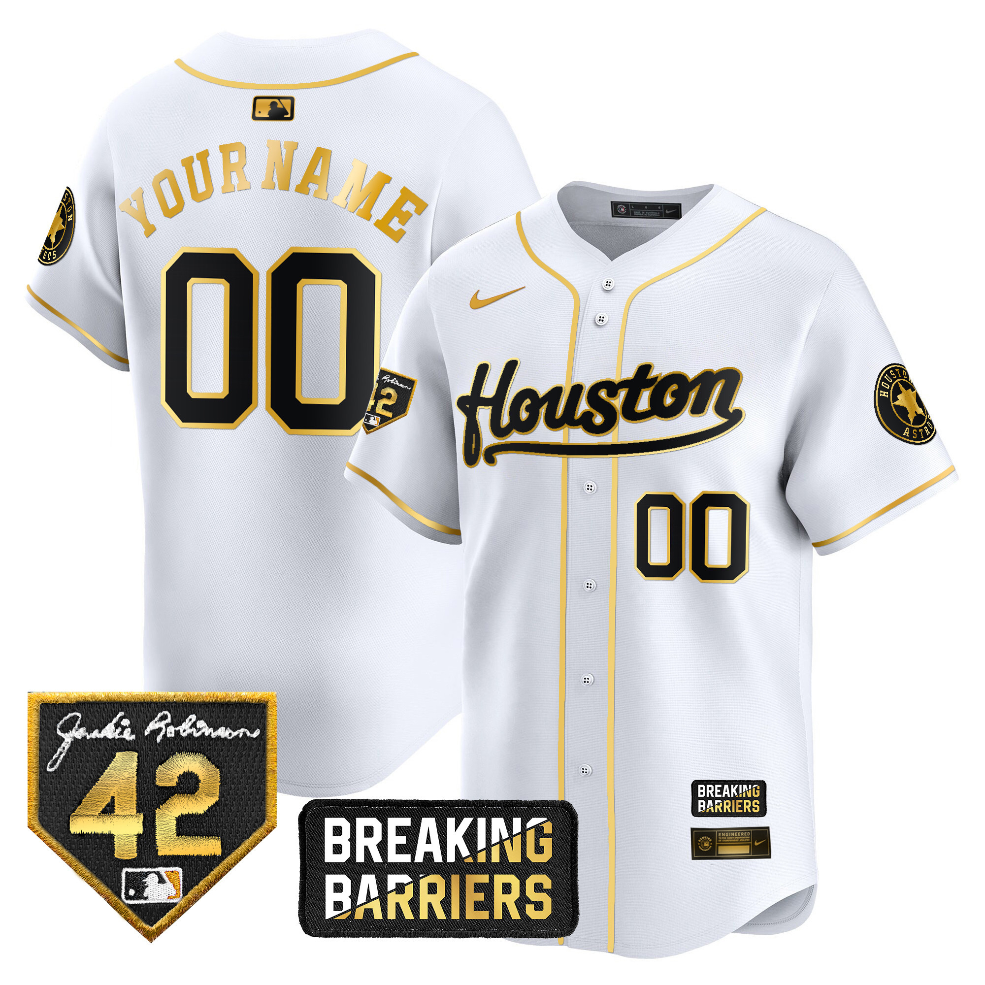 Houston Astros Jackie Robinson Breaking Barriers Patch Vapor Premier Limited Custom White Gold Jersey - All Stitched
