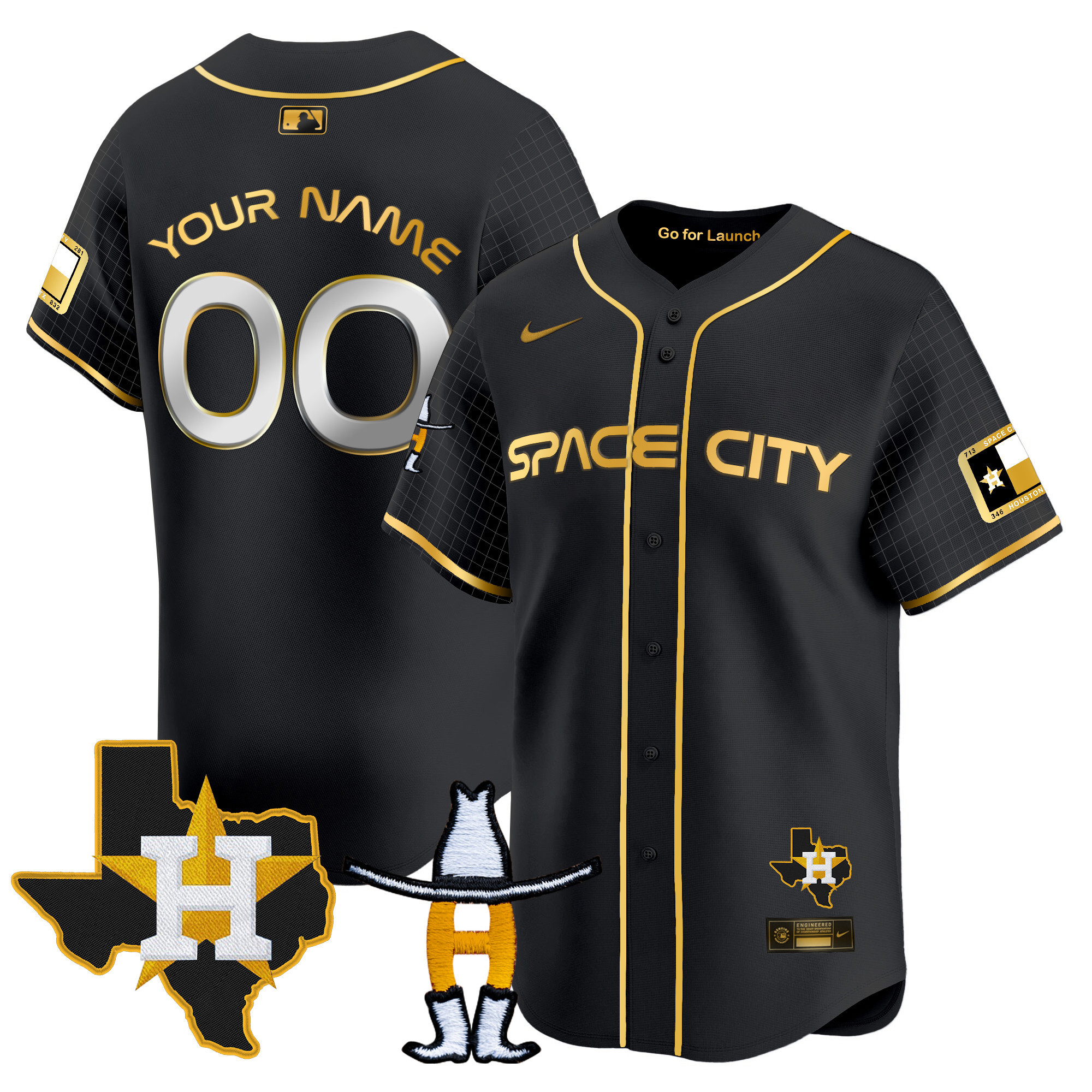 Houston Astros Space City Texas Patch Vapor Premier Limited Custom Black Gold Jersey - All Stitched