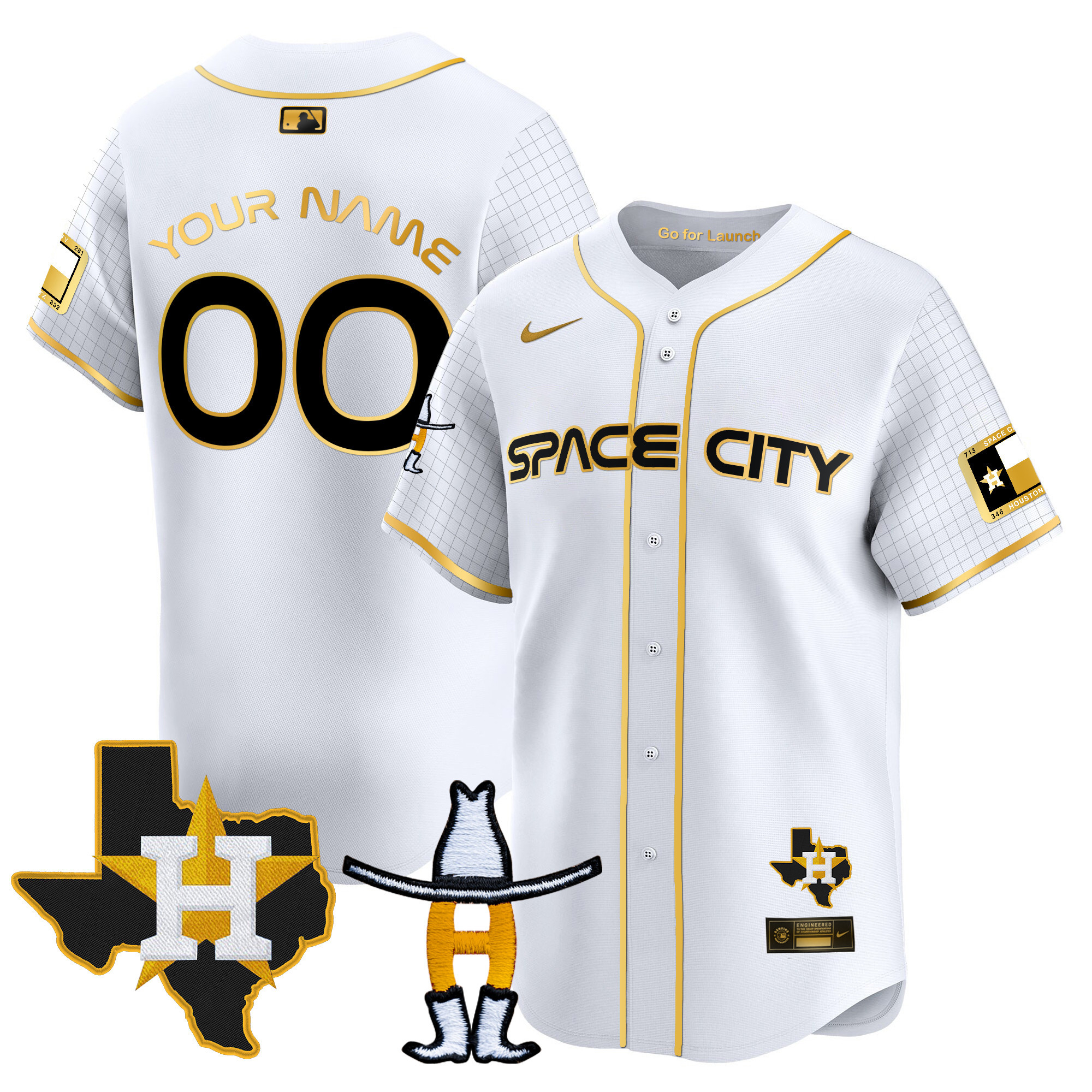 Houston Astros Space City Texas Patch Vapor Premier Limited Custom White Gold Jersey - All Stitched