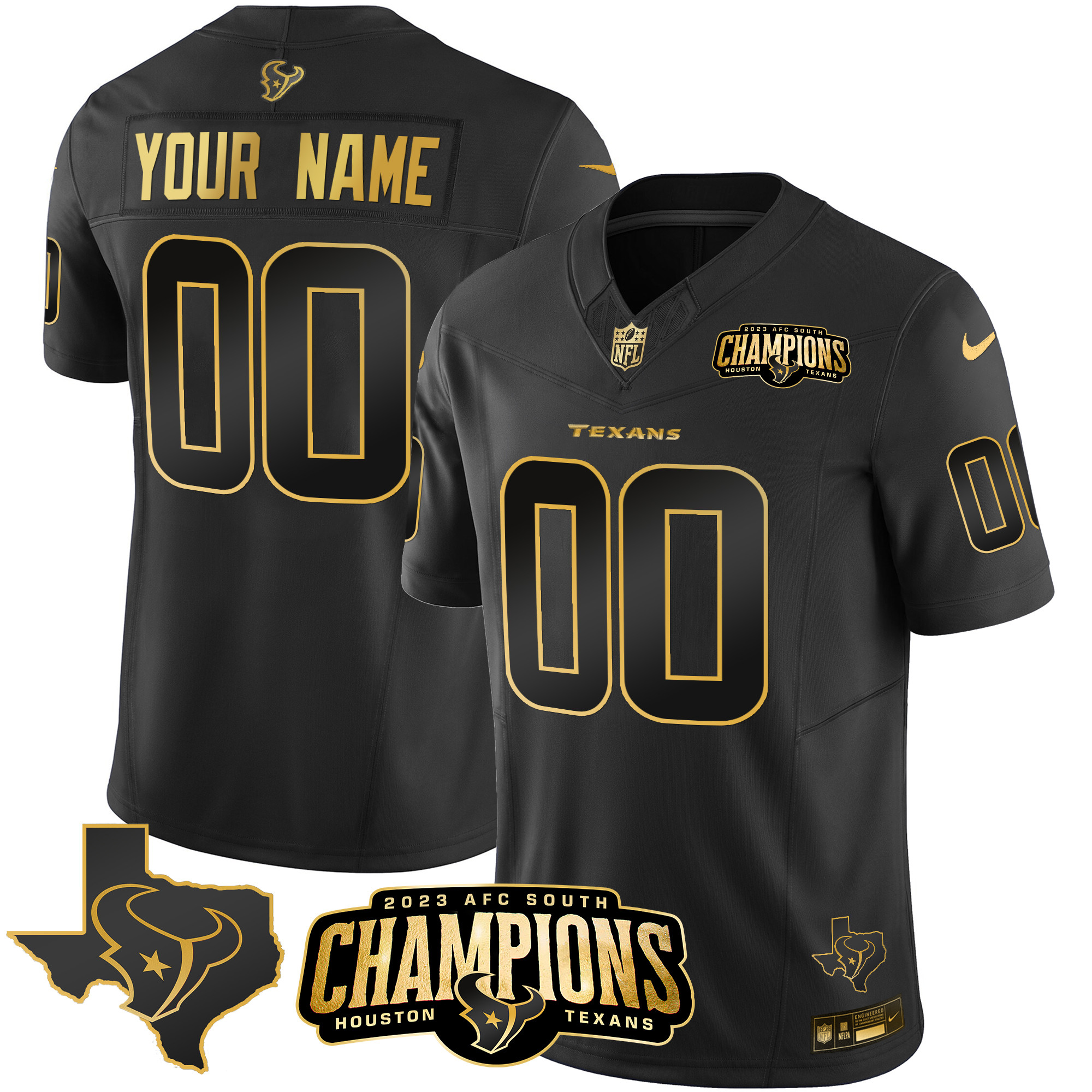 Houston Texans 2023 AFC South Champions Patch Gold Vapor Custom Black Gold Jersey - All Stitched 