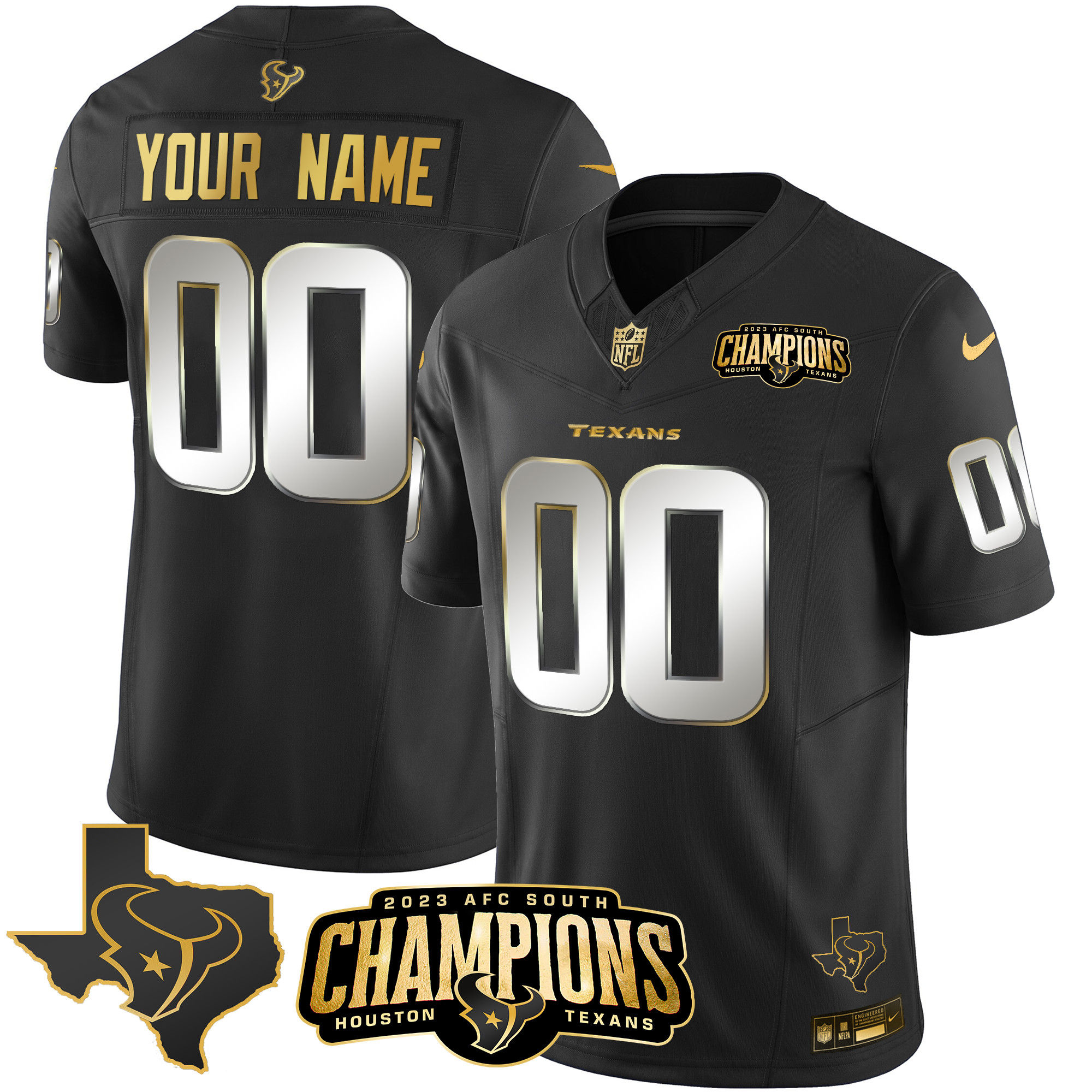 Houston Texans 2023 AFC South Champions Patch Gold Vapor Custom Black Limited Jersey - All Stitched 