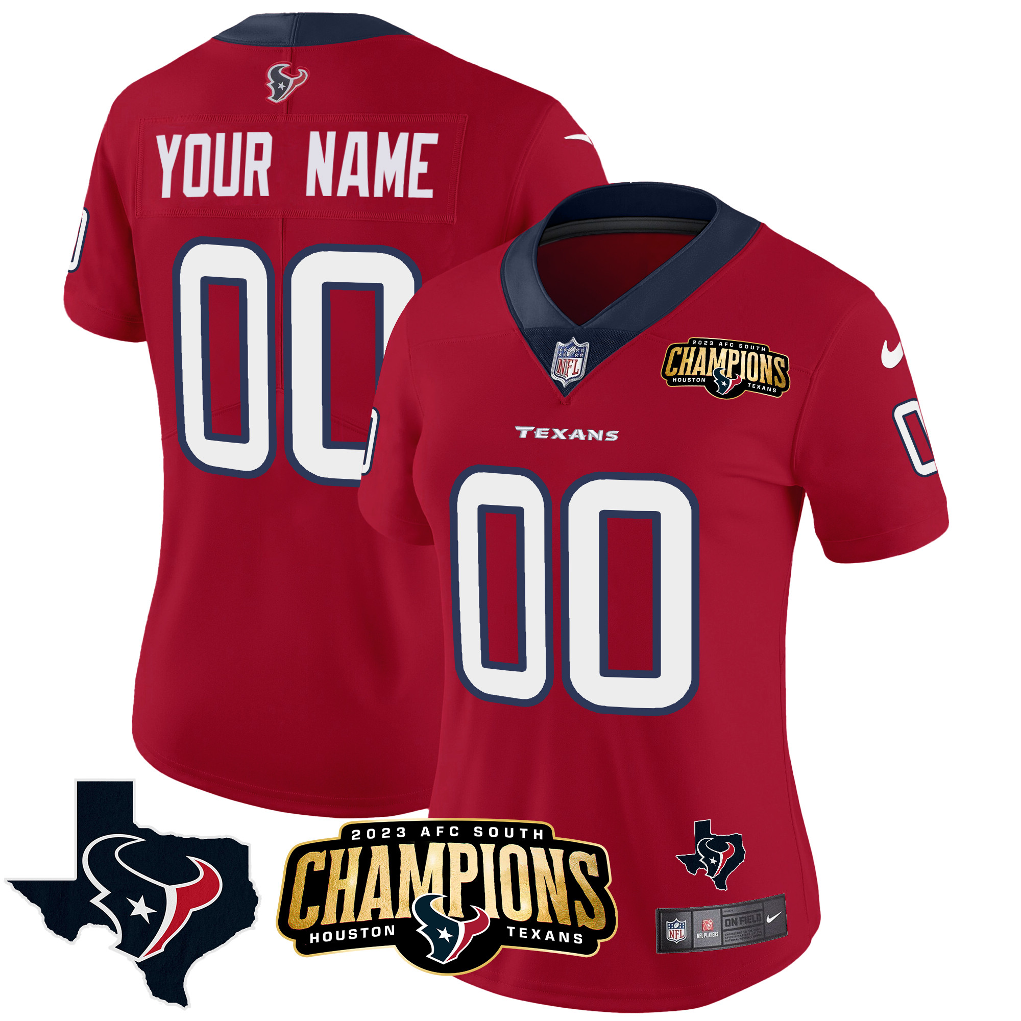 Houston Texans 2023 AFC South Champions Patch Vapor Custom Red Jersey - All Stitched 