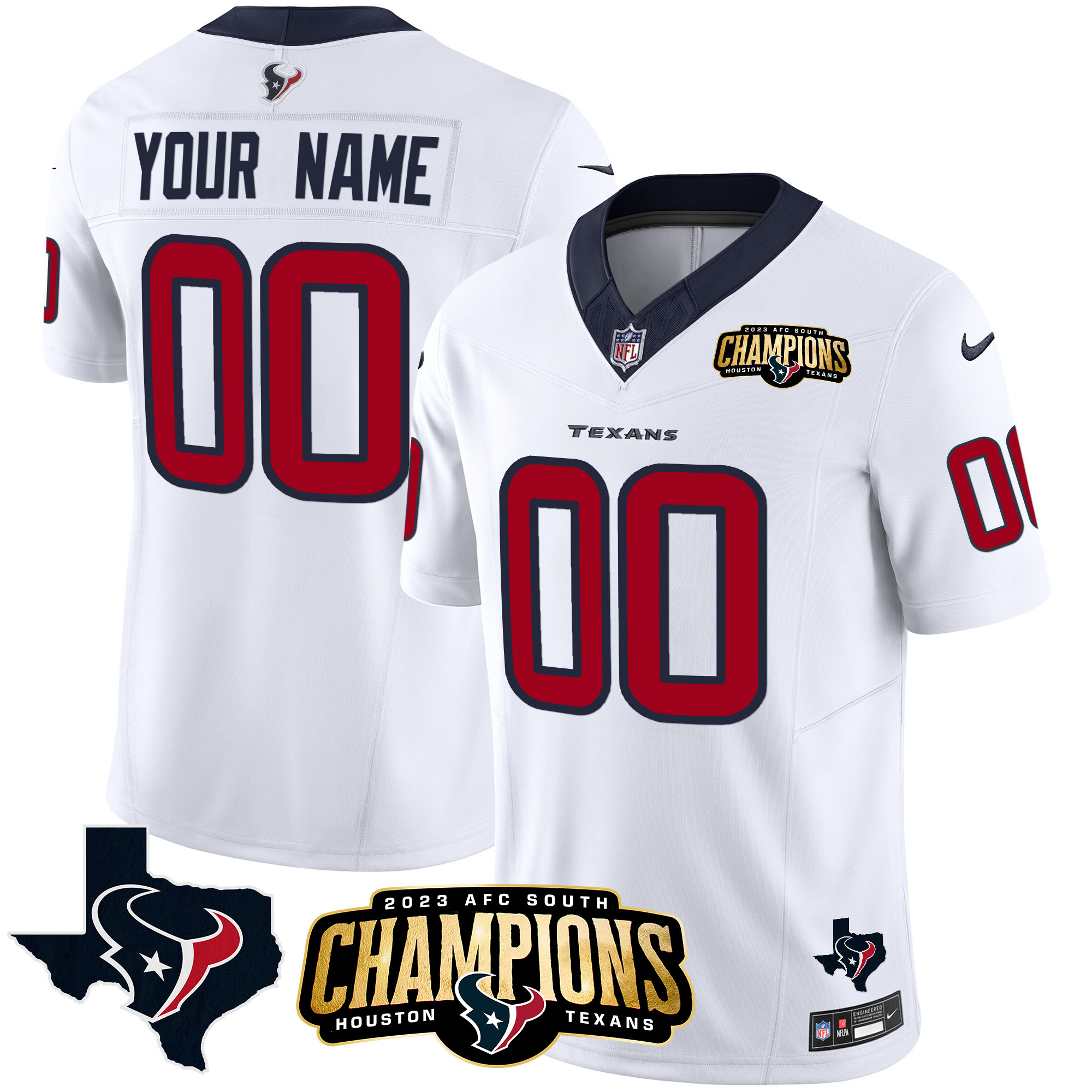 Houston Texans 2023 AFC South Champions Patch Vapor Custom White Jersey - All Stitched 