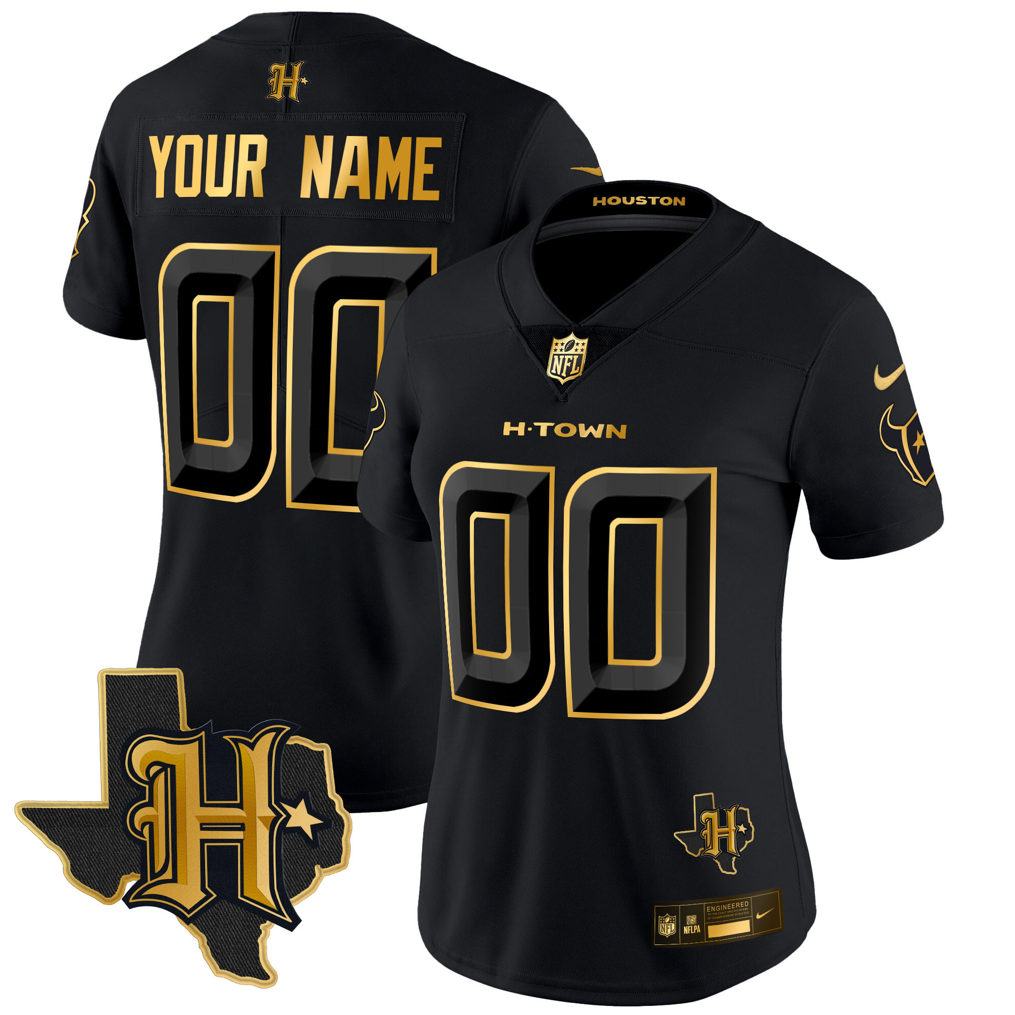 Houston Texans 2024 Texas Patch Gold Vapor Limited Custom Black Gold Jersey - All Stitched 