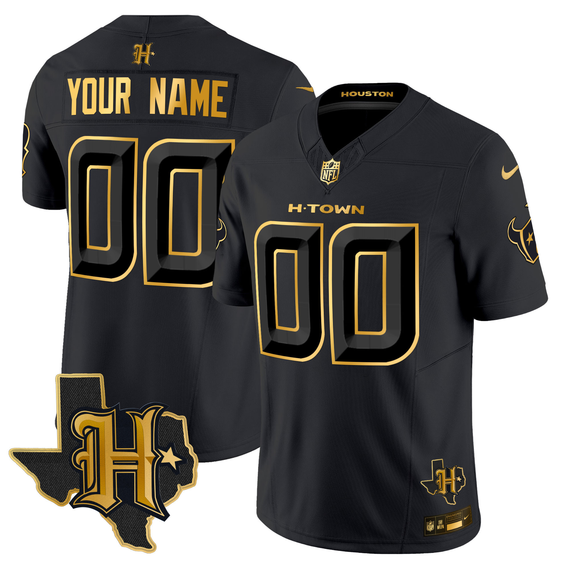 Houston Texans 2024 Texas Patch Gold Vapor Limited Custom Black Gold Jersey - All Stitched 