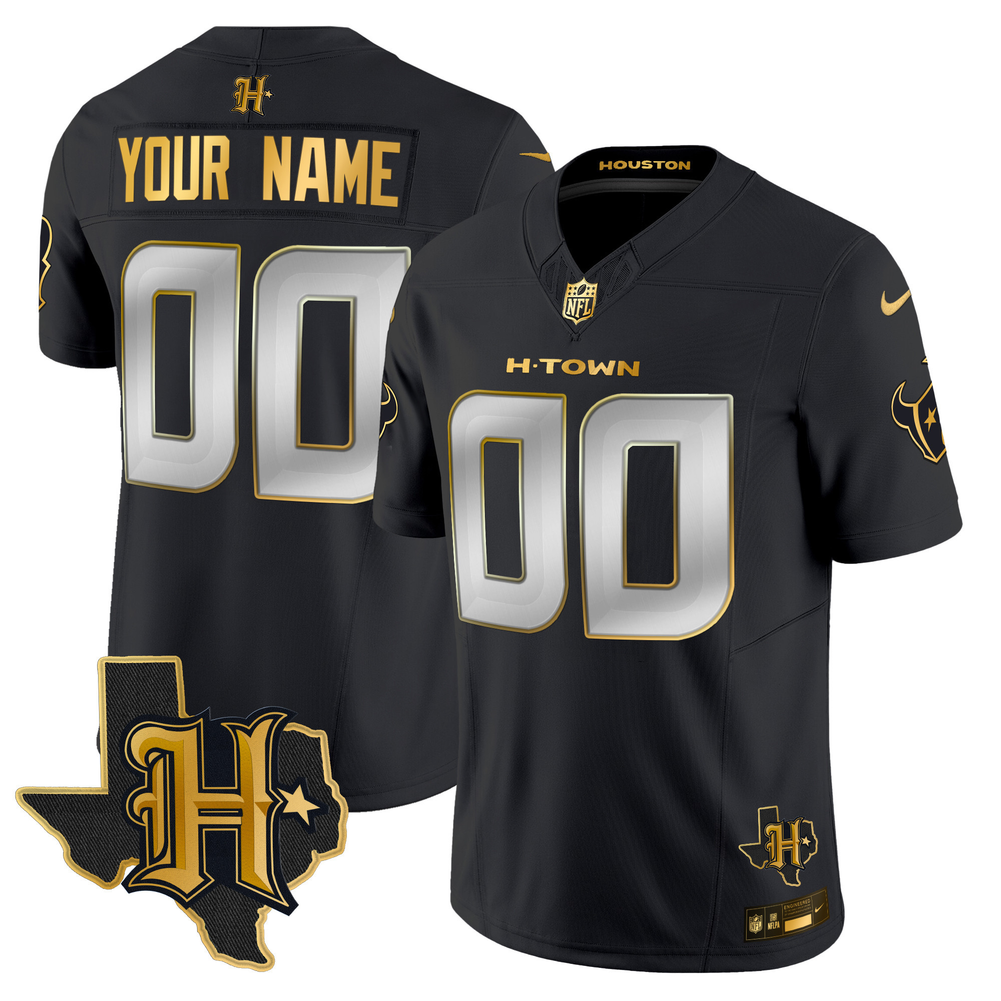 Houston Texans 2024 Texas Patch Gold Vapor Limited Custom Black Limited Jersey - All Stitched 