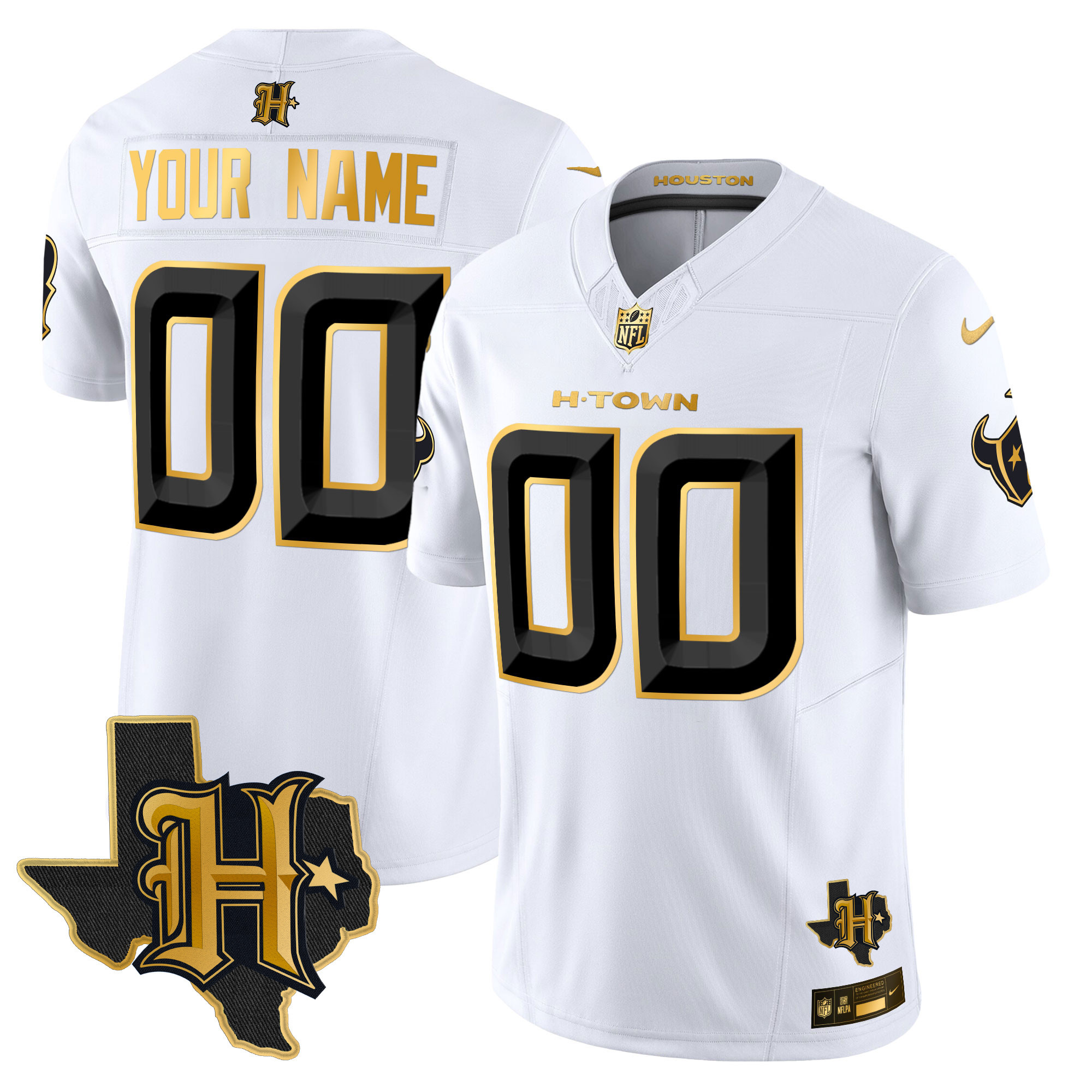 Houston Texans 2024 Texas Patch Gold Vapor Limited Custom White Gold Jersey - All Stitched 