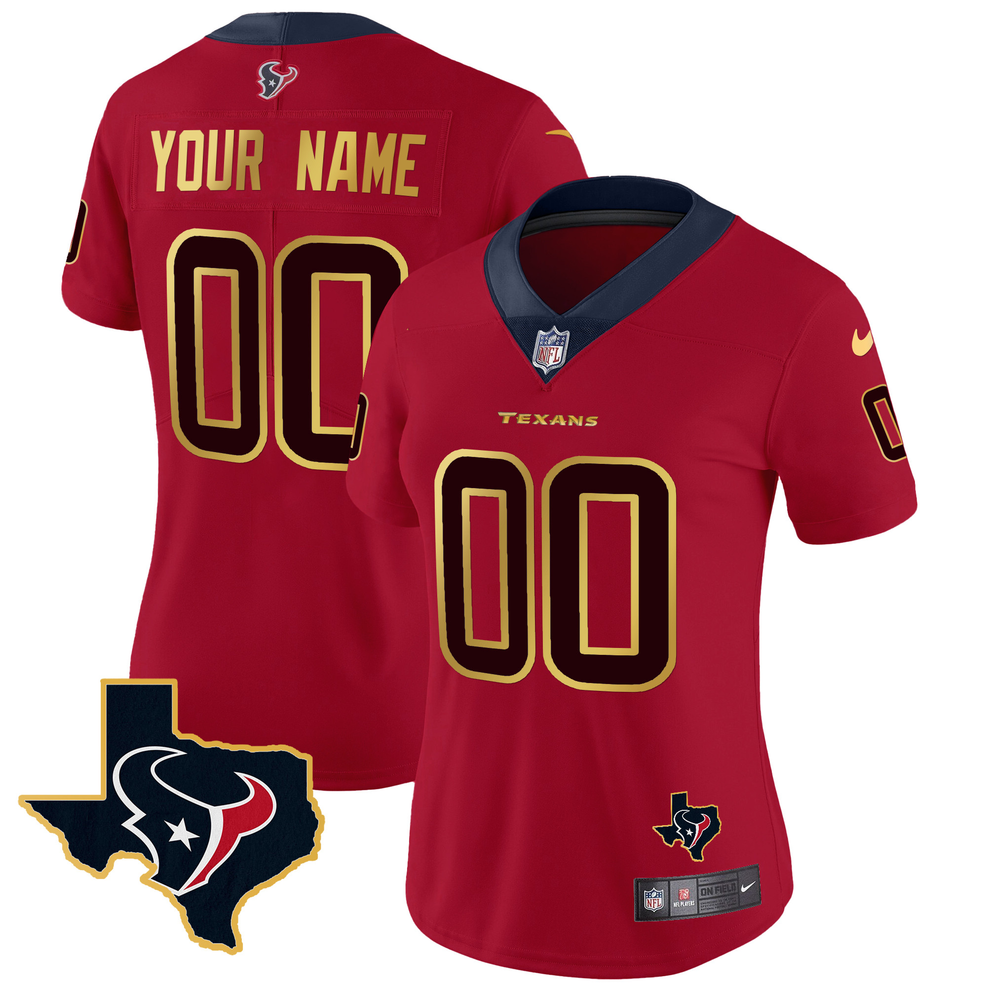 Houston Texans Gold Trim Vapor Custom Red Jersey - All Stitched 