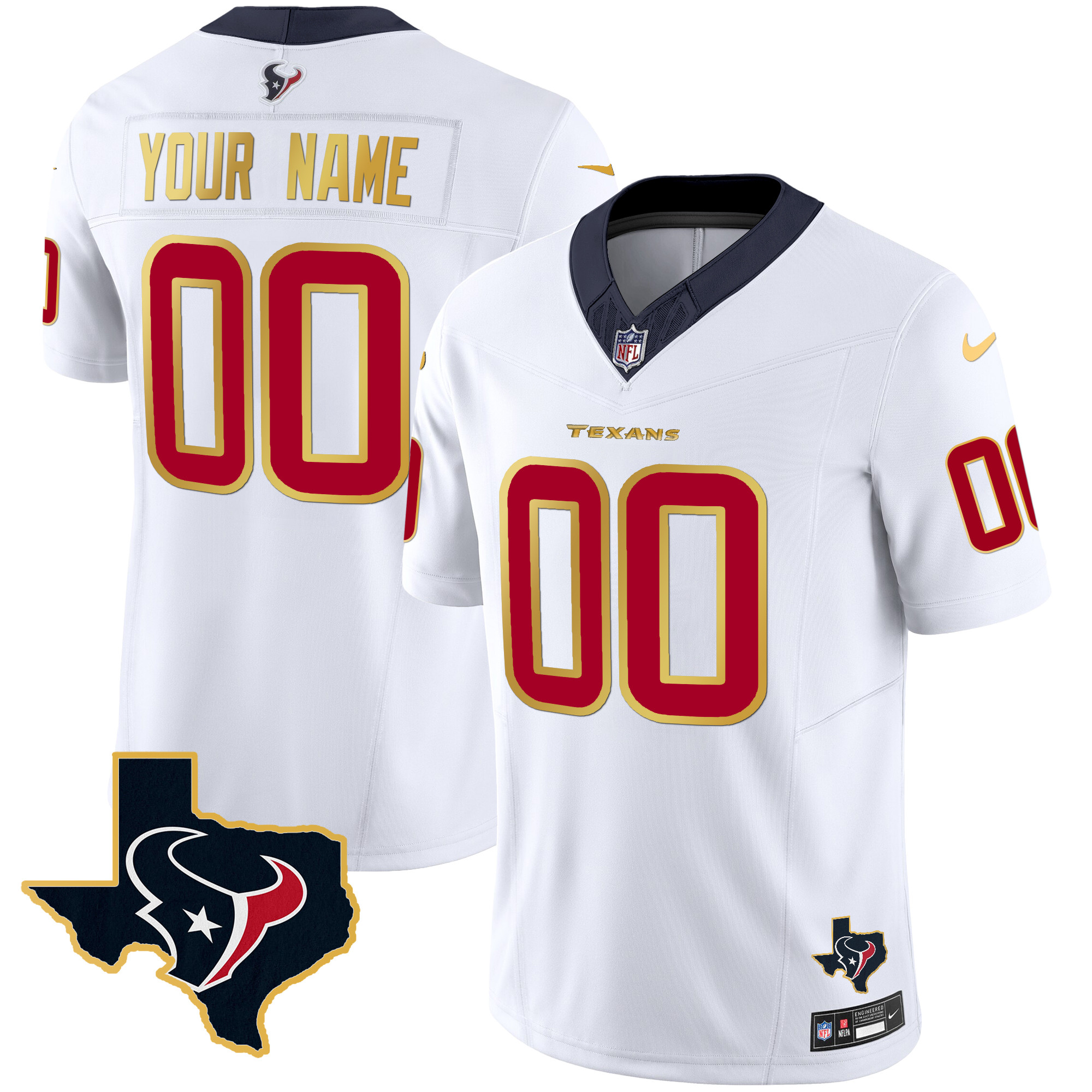 Houston Texans Gold Trim Vapor Custom White Jersey - All Stitched 
