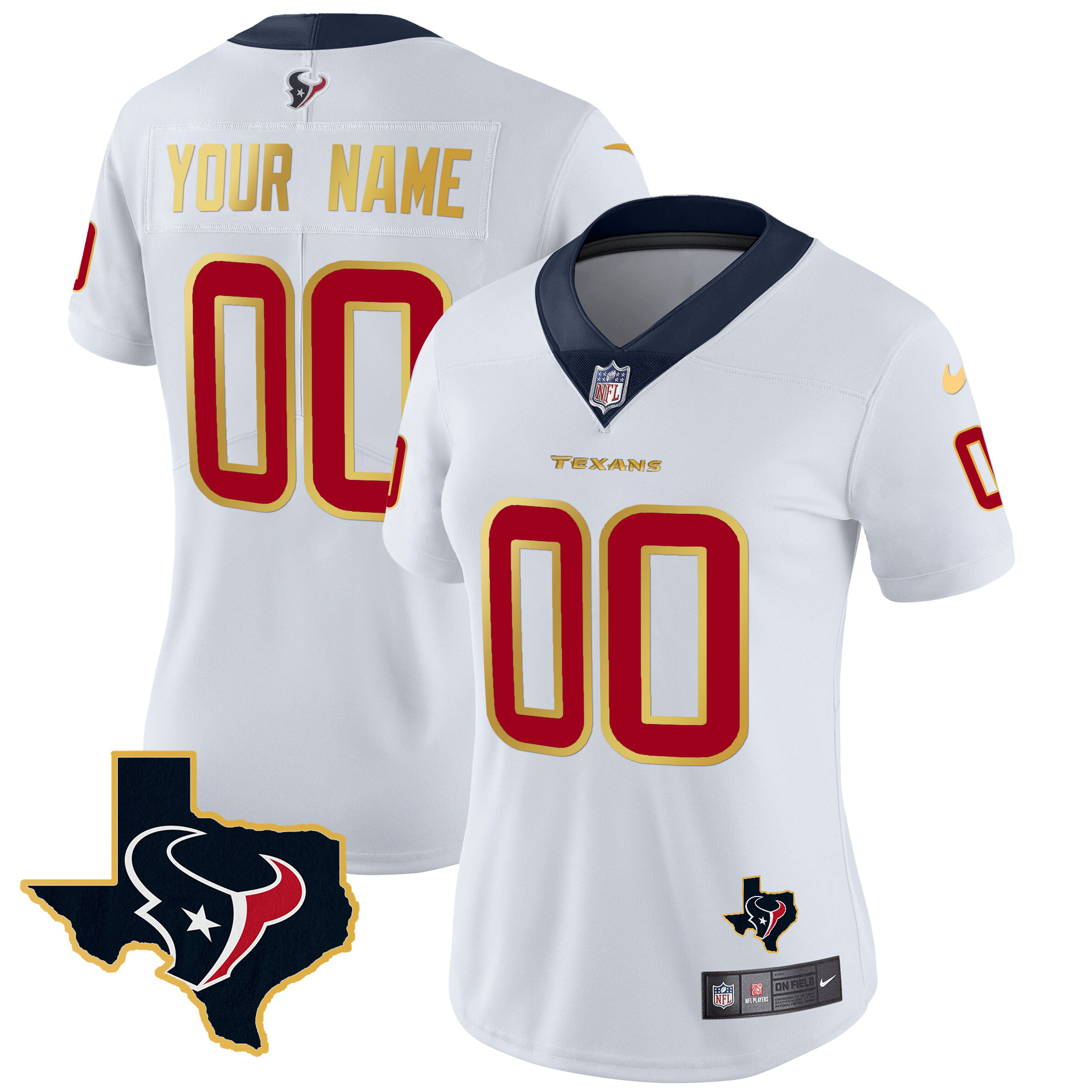 Houston Texans Gold Trim Vapor Custom White Jersey - All Stitched 