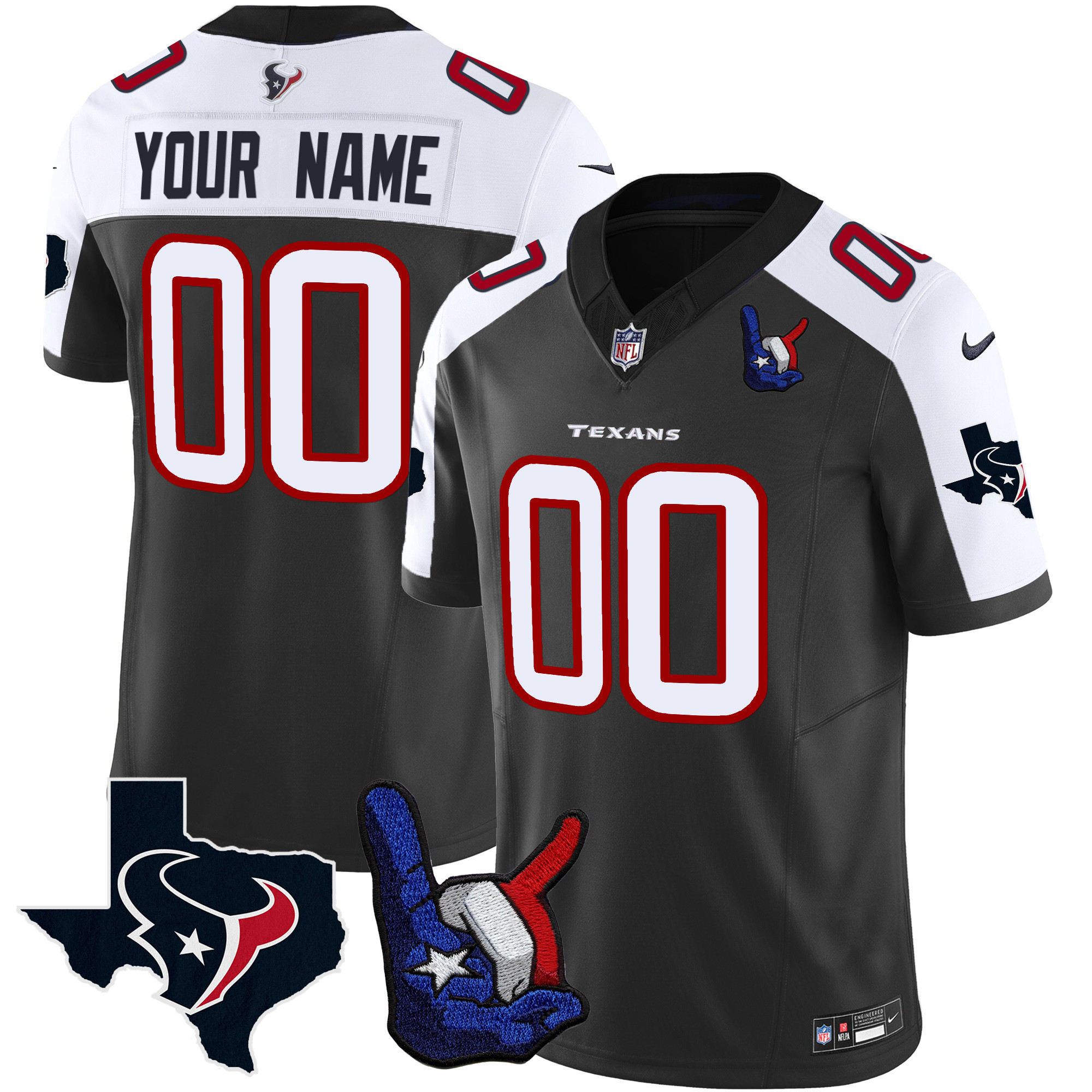 Houston Texans Hand Sign Throwing Up The H Vapor Custom Black Alternate Jersey - All Stitched 