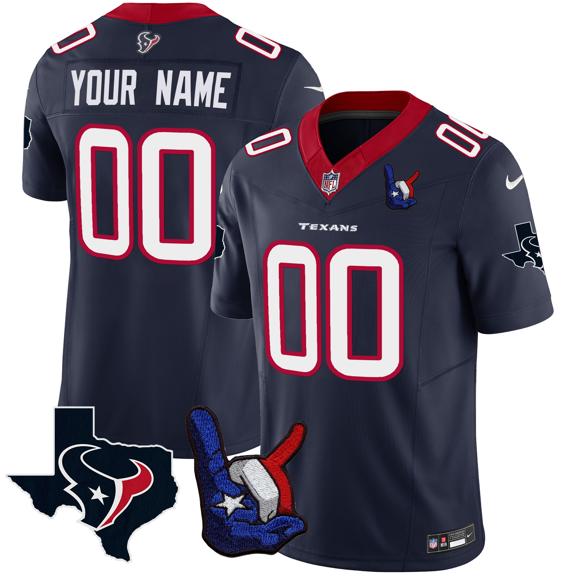 Houston Texans Hand Sign Throwing Up The H Vapor Custom Navy Jersey - All Stitched 