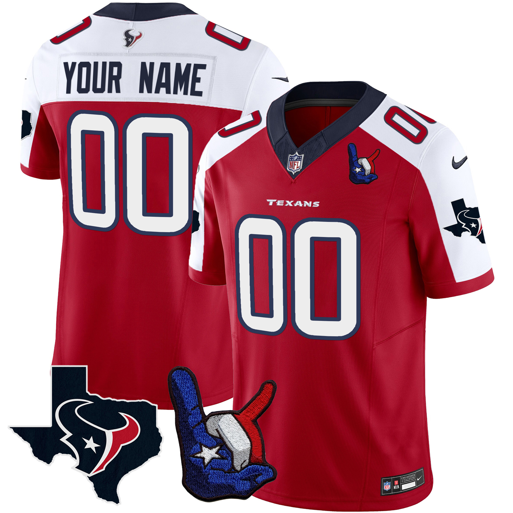 Houston Texans Hand Sign Throwing Up The H Vapor Custom Red Alternate Jersey - All Stitched 