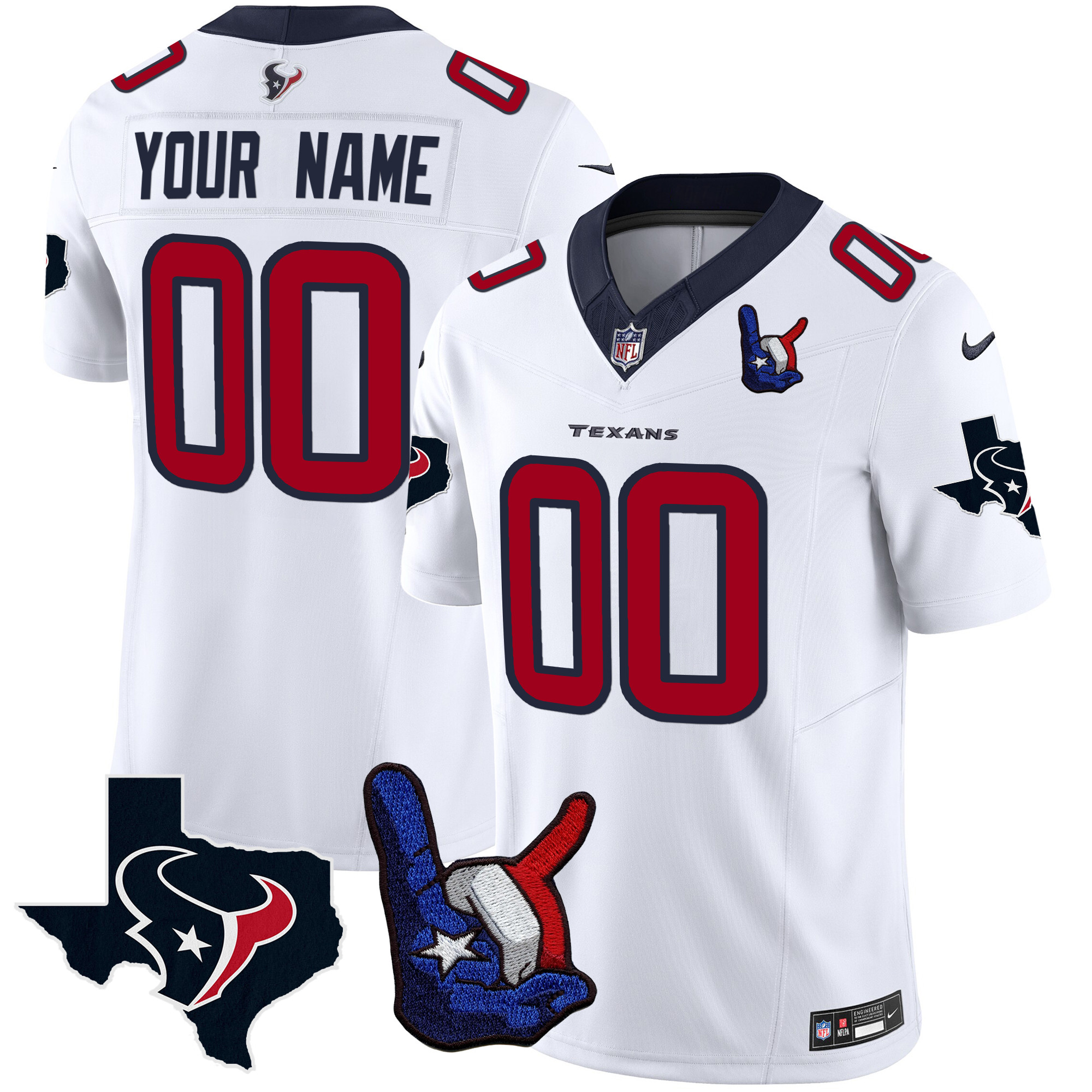 Houston Texans Hand Sign Throwing Up The H Vapor Custom White Jersey - All Stitched 