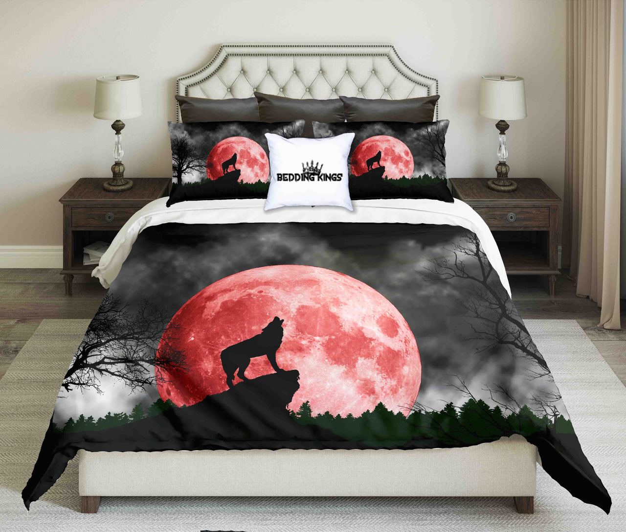 Howl Wolf At Night On Red Moon Design Kings 3D Customized Duvet Cover Bedding Set