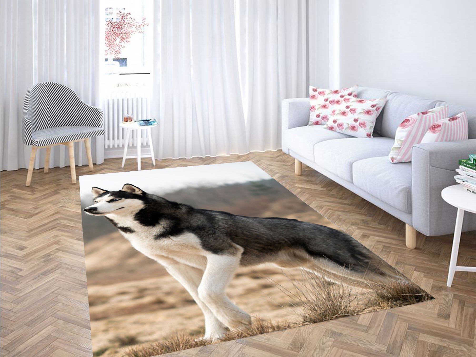 Husky Dog Black White Carpet Rectangle Rug