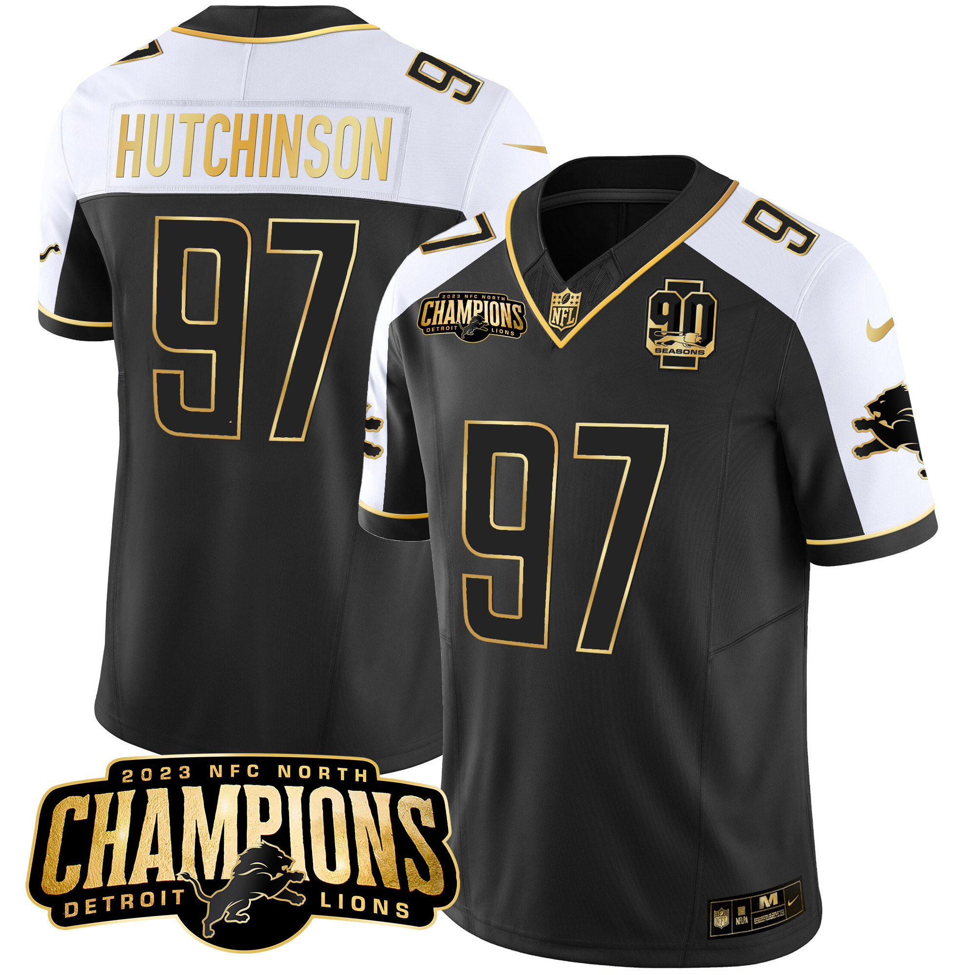 Hutchinson Men's Detroit Lions 2023 NFC North Champions Patch Gold Vapor Alternate Jersey - All Stitched 