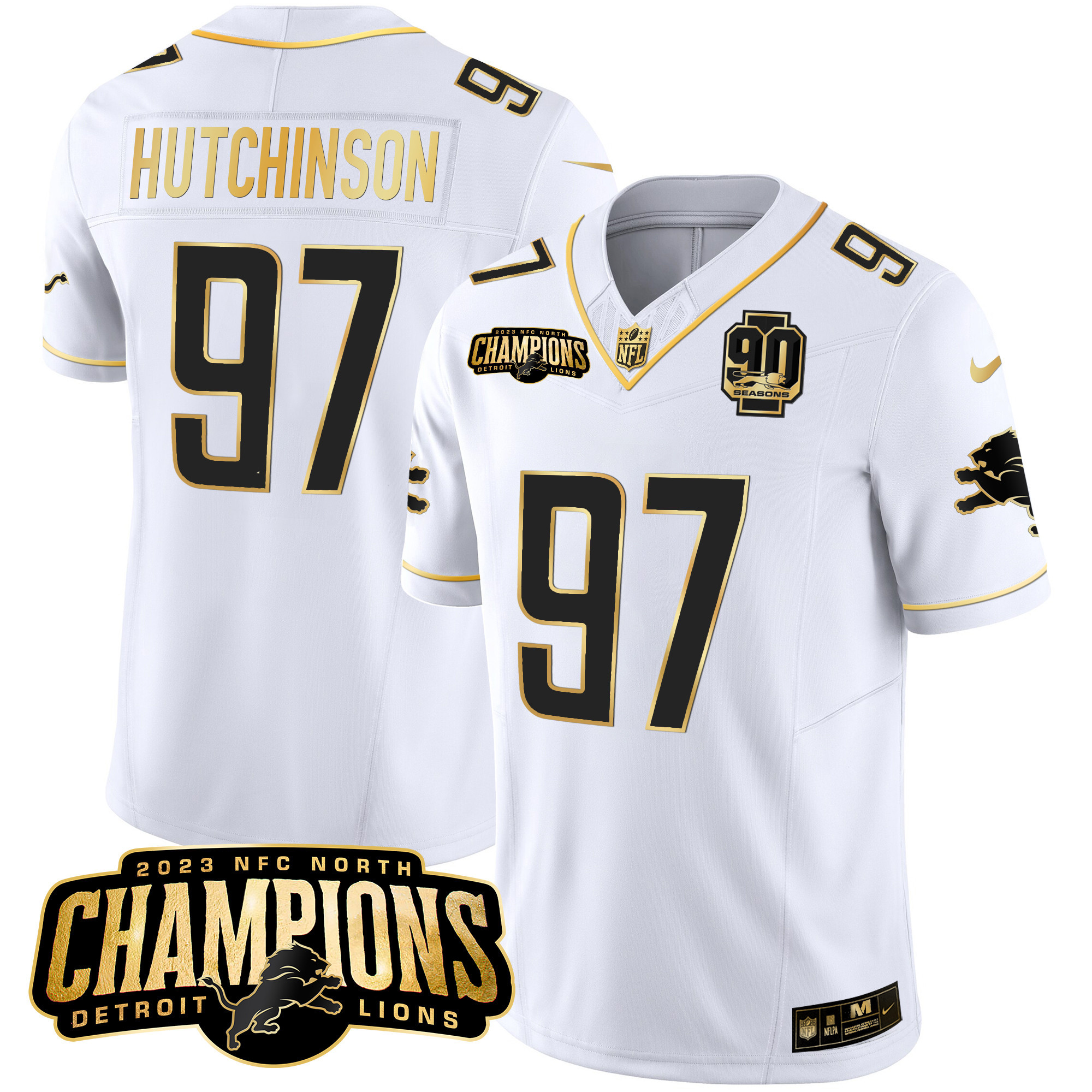Hutchinson Men's Detroit Lions 2023 NFC North Champions Patch Gold Vapor White Gold Jersey - All Stitched 
