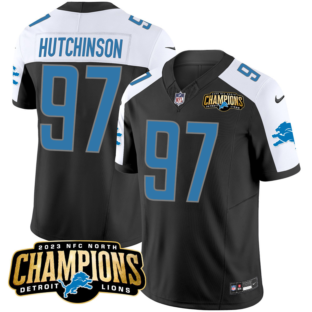 Hutchinson Men's Detroit Lions 2023 NFC North Champions Patch Vapor Black Alternate Jersey - All Stitched 
