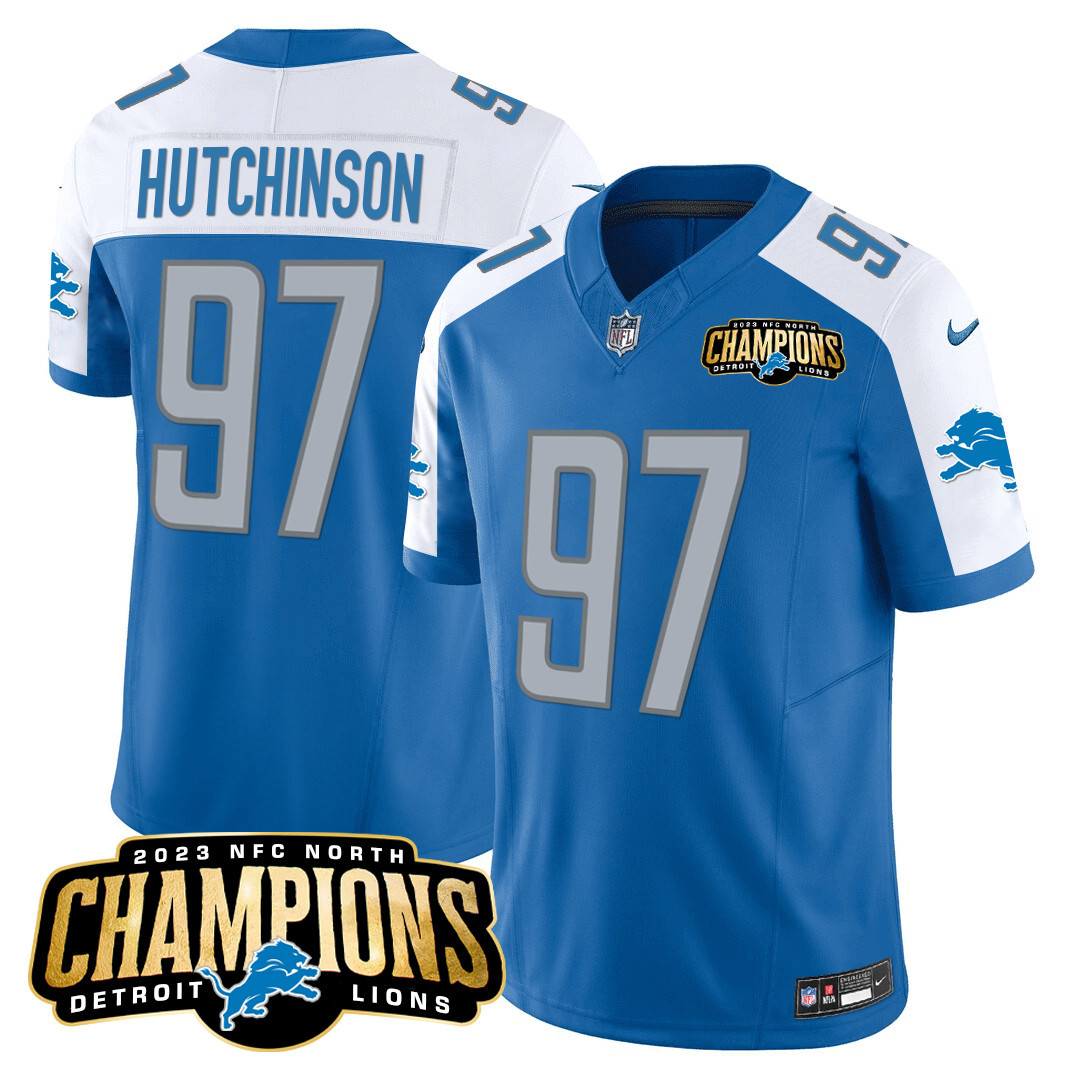 Hutchinson Men's Detroit Lions 2023 NFC North Champions Patch Vapor Blue Alternate Jersey - All Stitched 