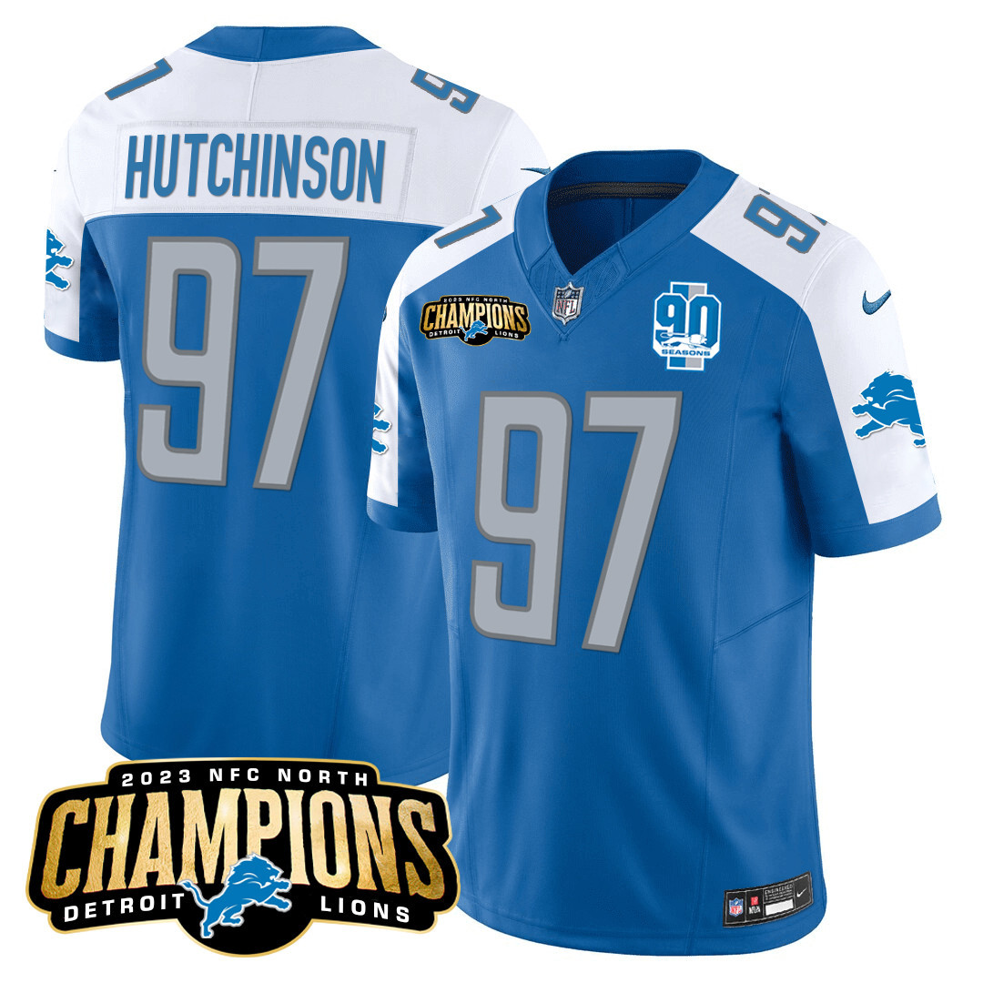 Hutchinson Men's Detroit Lions 2023 NFC North Champions Patch Vapor Blue Alternate Jersey - All Stitched 