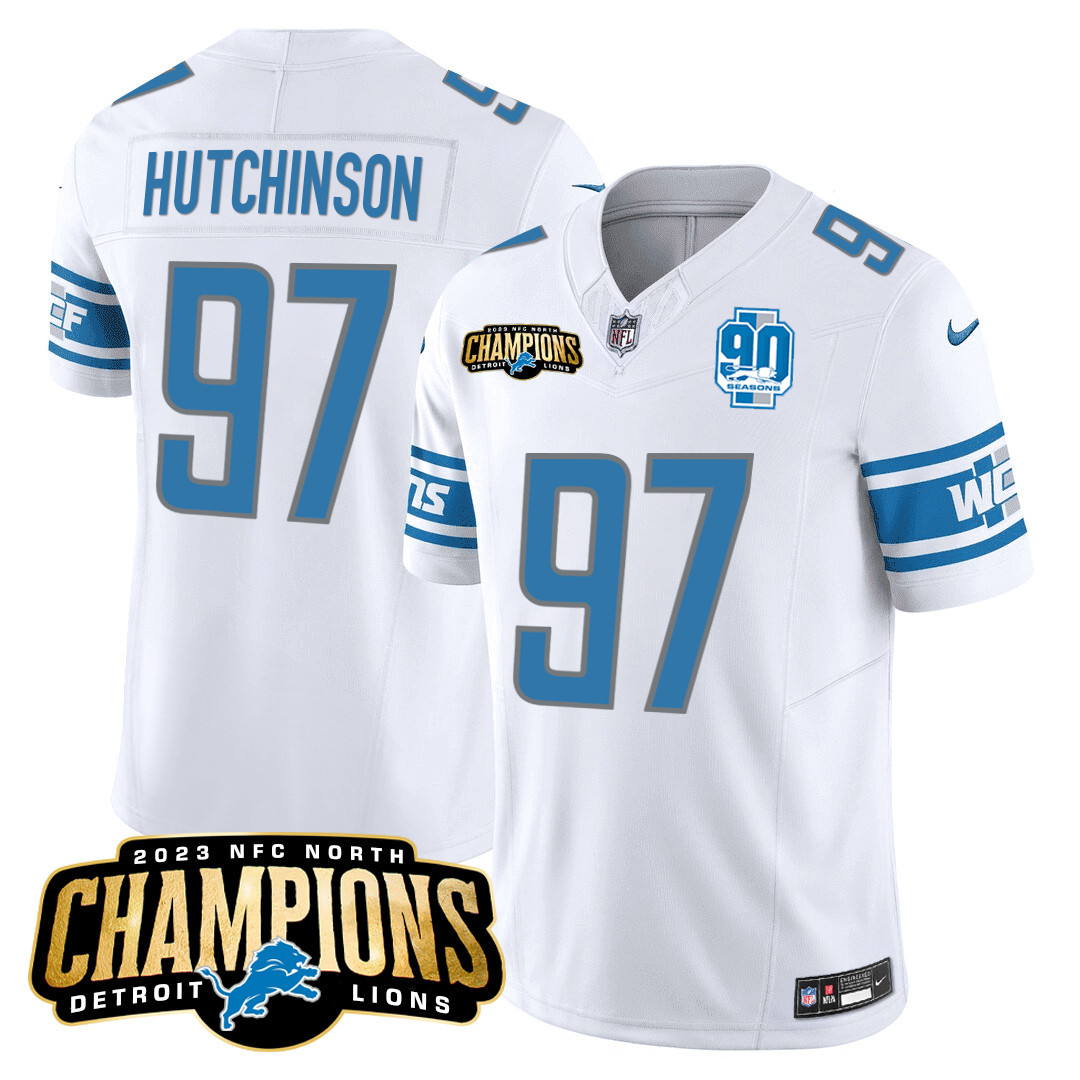 Hutchinson Men's Detroit Lions 2023 NFC North Champions Patch Vapor White Jersey - All Stitched 