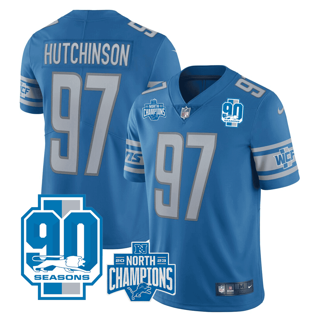 Hutchinson Men's Detroit Lions 2023 NFC North Division Champions & 90th Year Patch Vapor Blue Jersey - All Stitched 