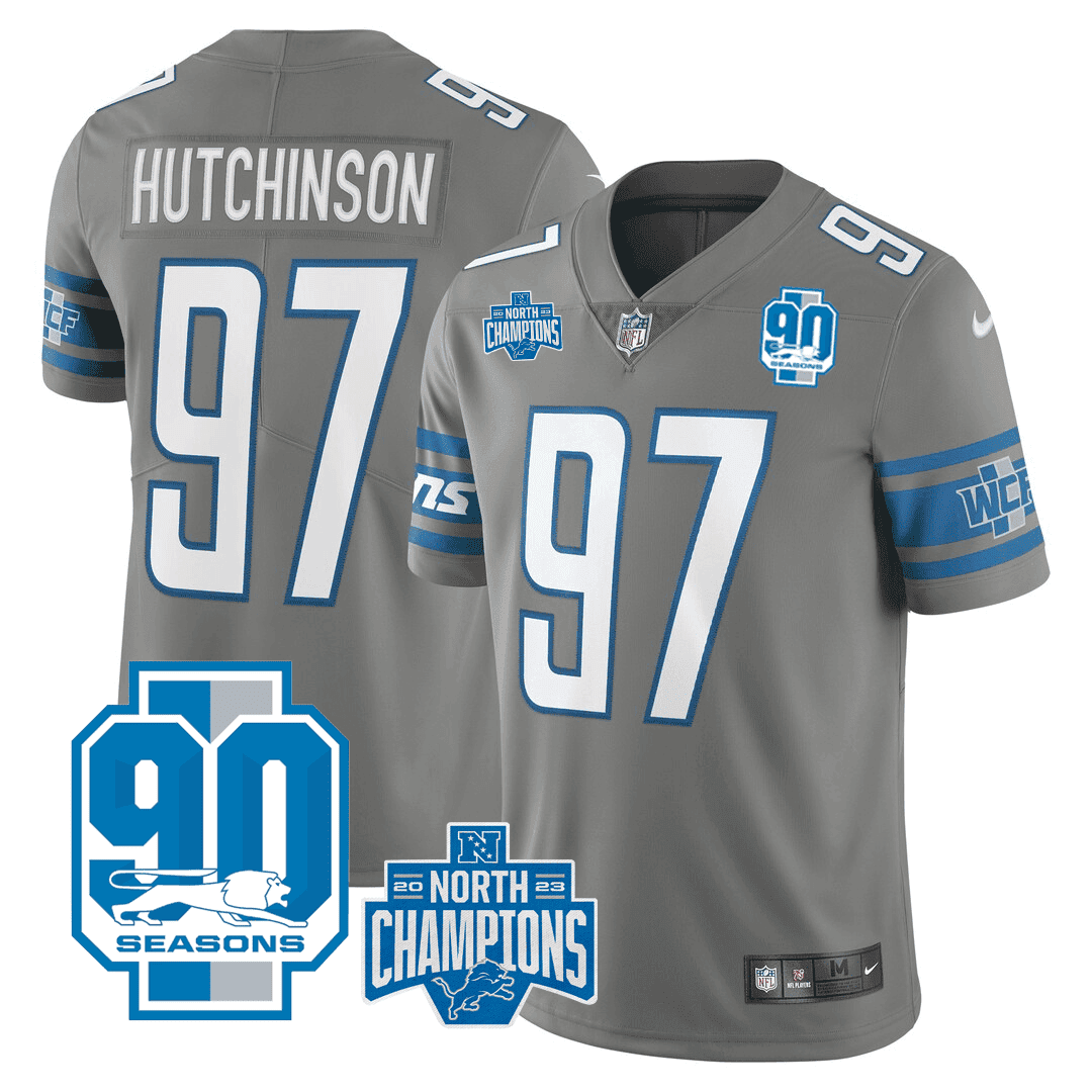 Hutchinson Men's Detroit Lions 2023 NFC North Division Champions & 90th Year Patch Vapor Grey Jersey - All Stitched 